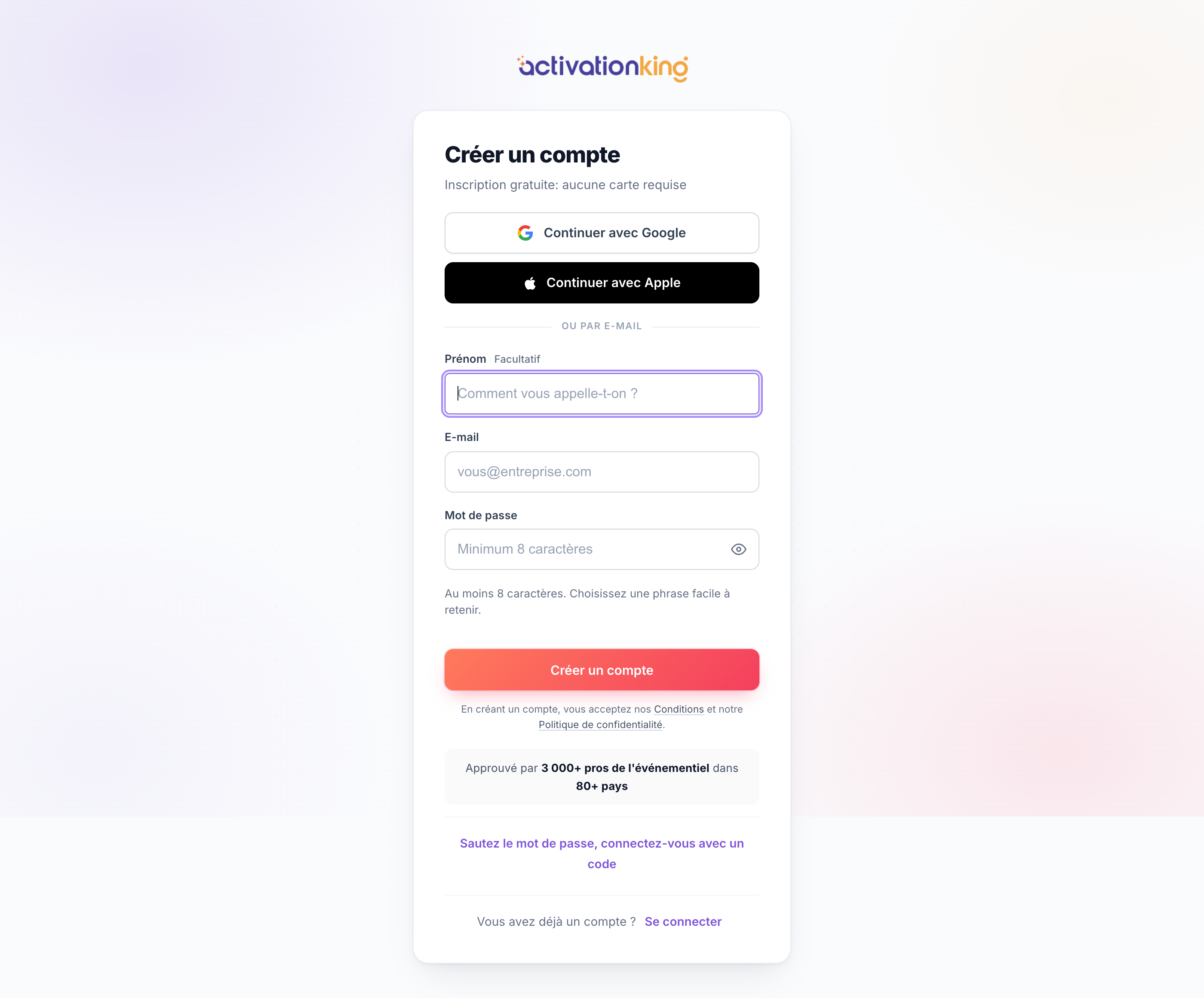 Page d'inscription Activation King avec options d'inscription Google, Apple et e-mail