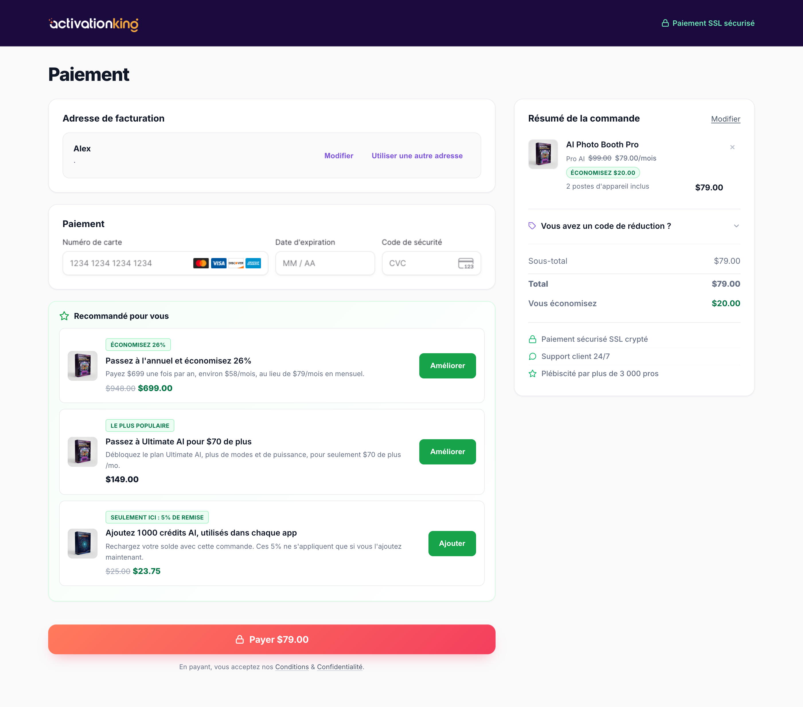 Page de paiement sécurisée Activation King avec les champs e-mail, adresse et carte