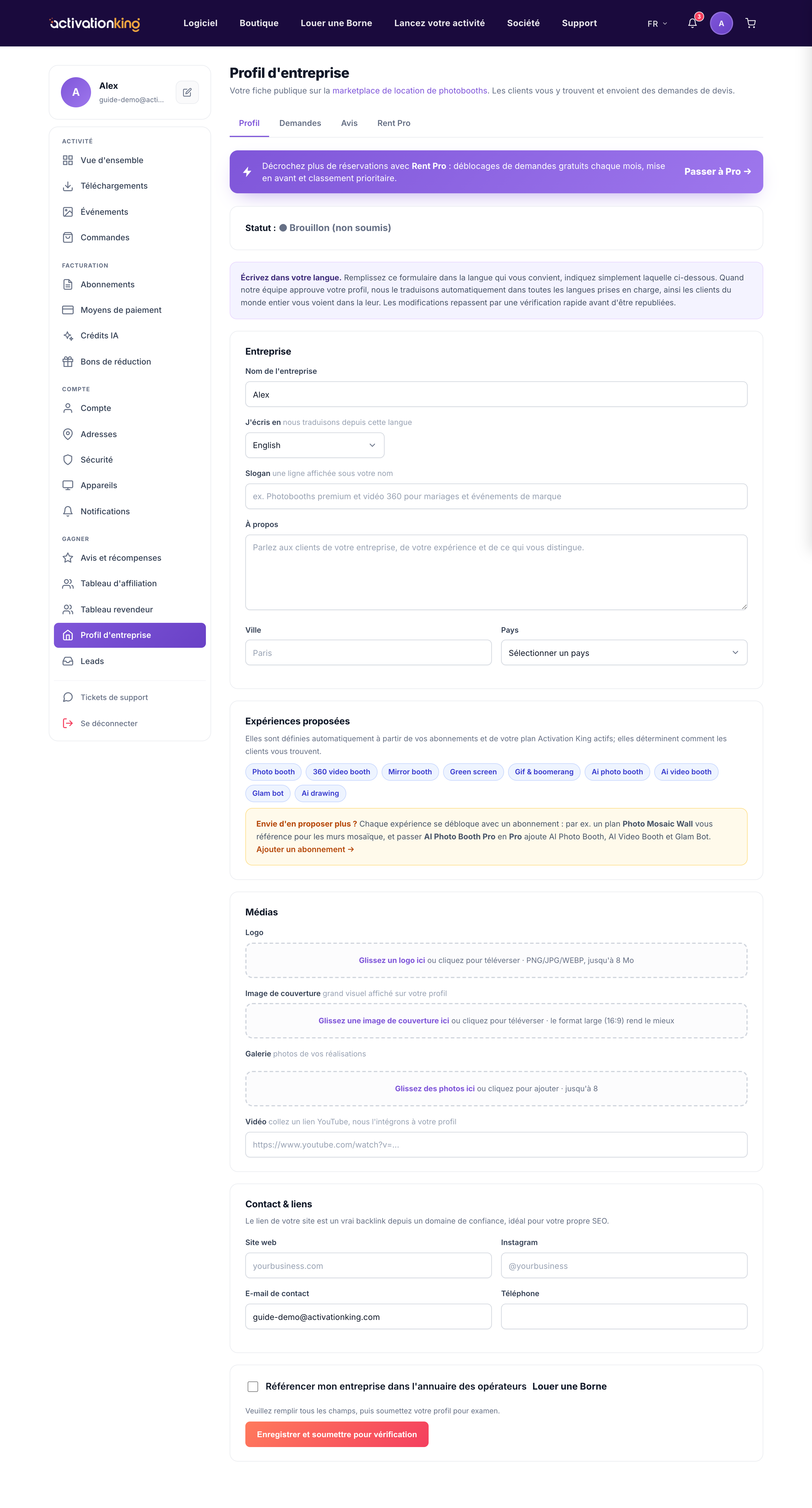 Page du profil d'entreprise dans le tableau de bord Activation King