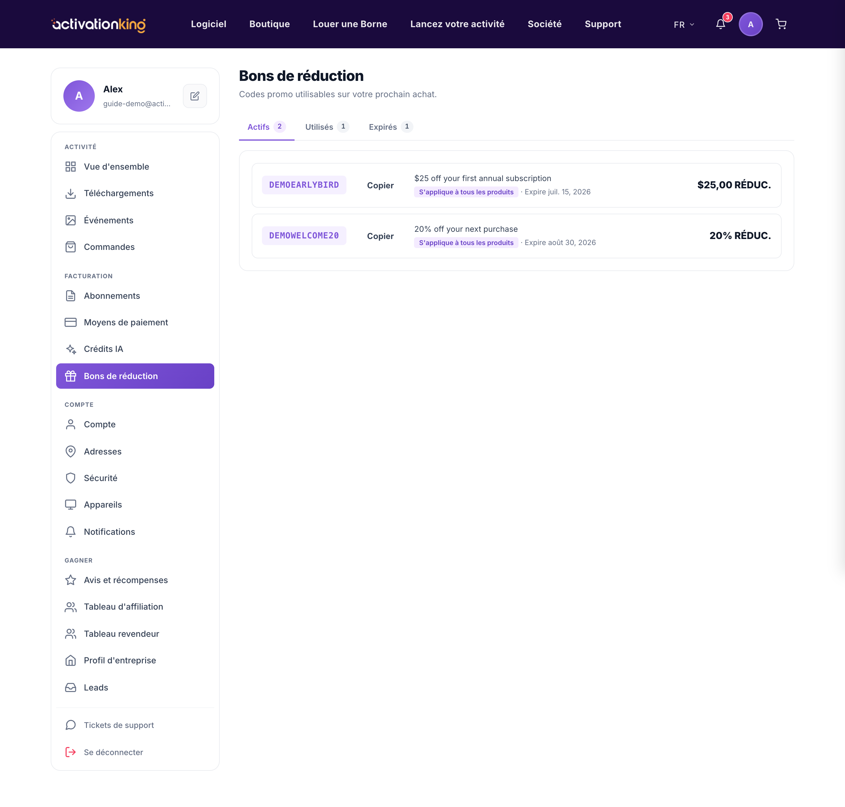 Page Coupons avec les onglets Actifs, Utilisés et Expirés