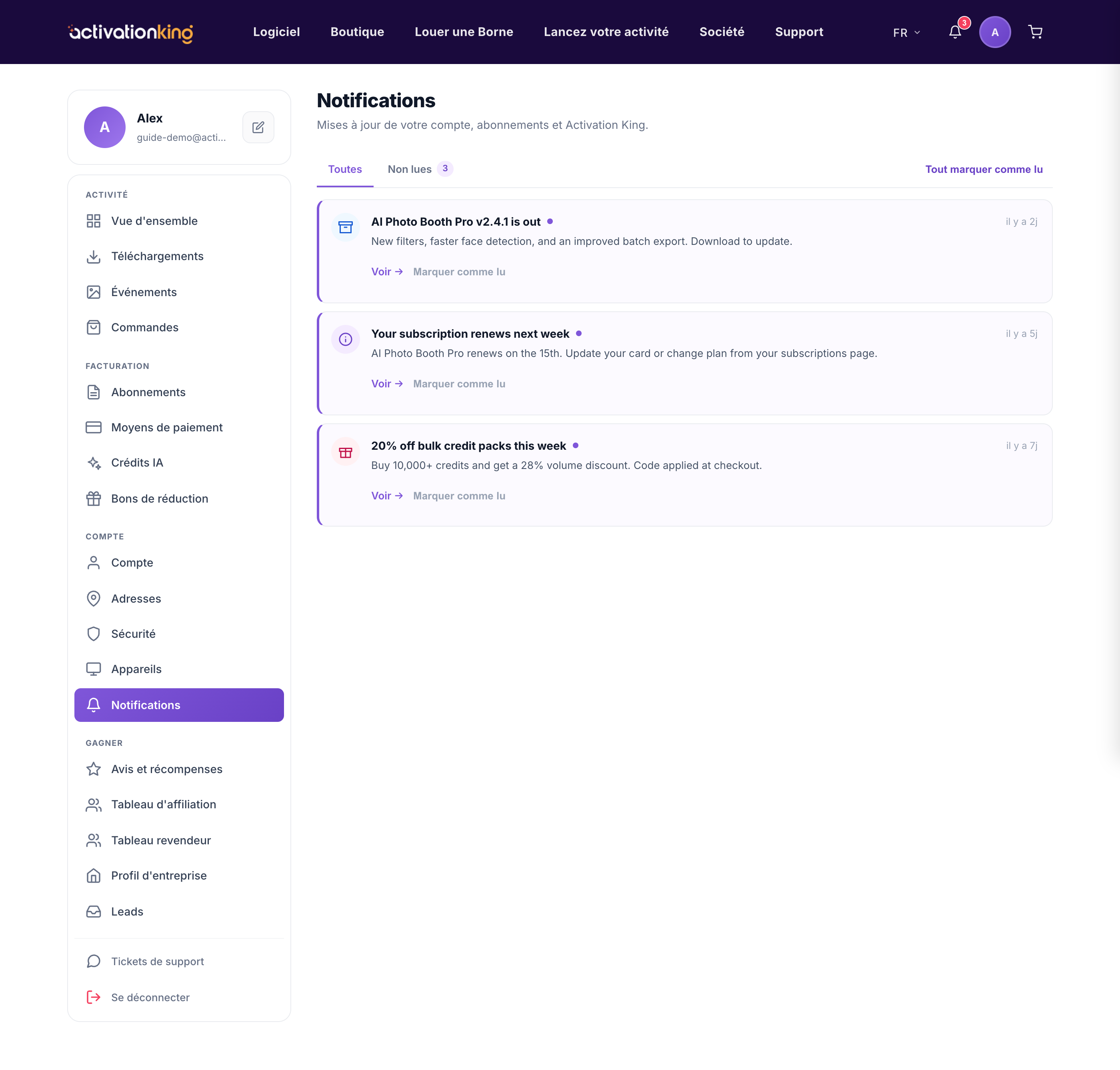 Page Notifications du tableau de bord avec les onglets Toutes et Non lues répertoriant les notifications du compte
