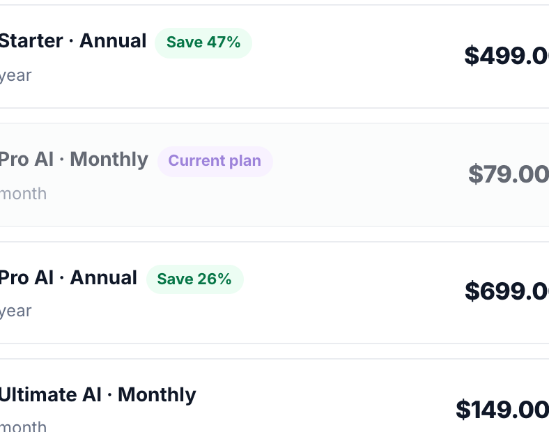 Change plan window listing plans with amount due today