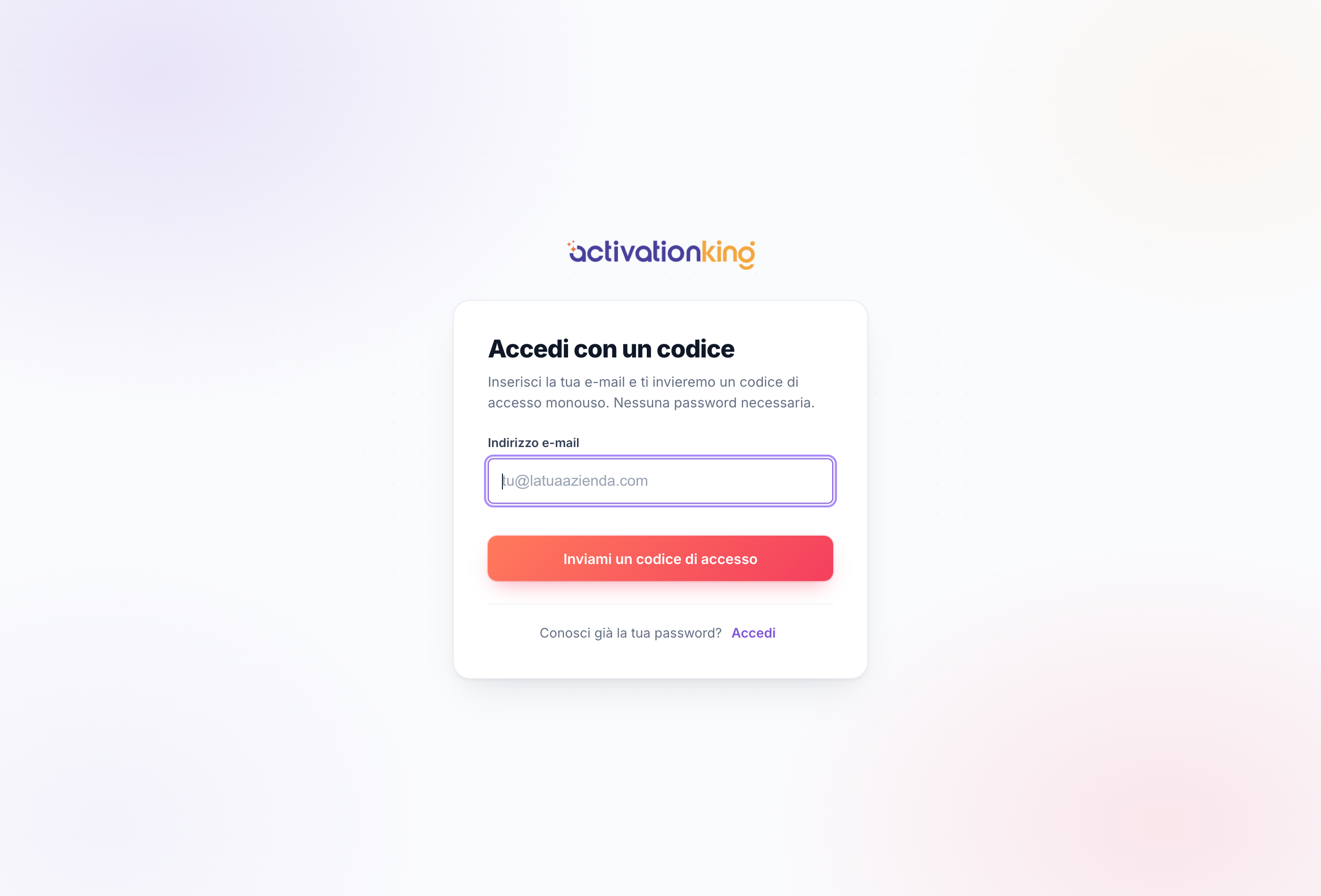 Schermata di accesso senza password di Activation King che richiede un indirizzo email per un codice monouso