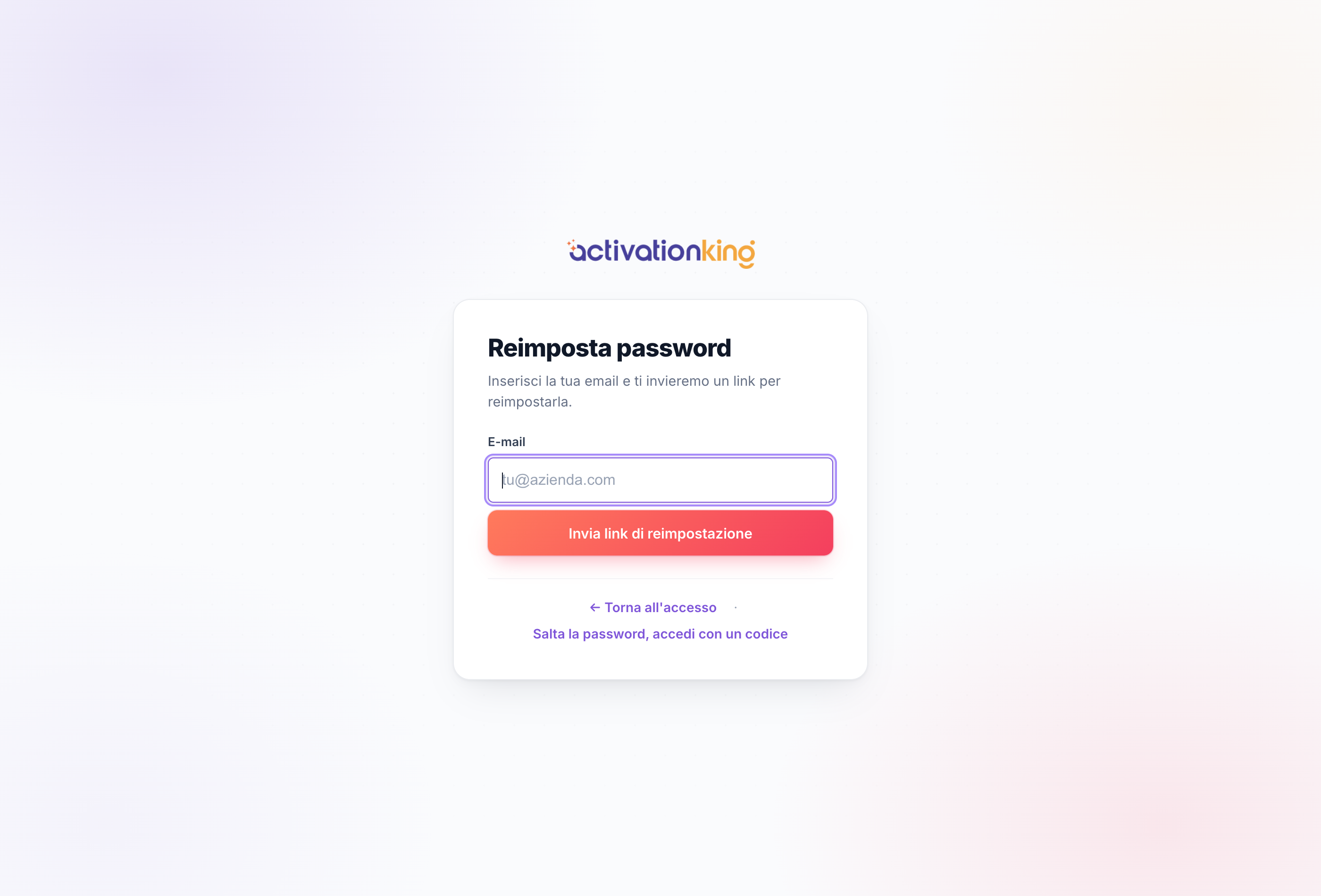 Schermata di password dimenticata di Activation King con un campo per l'indirizzo email