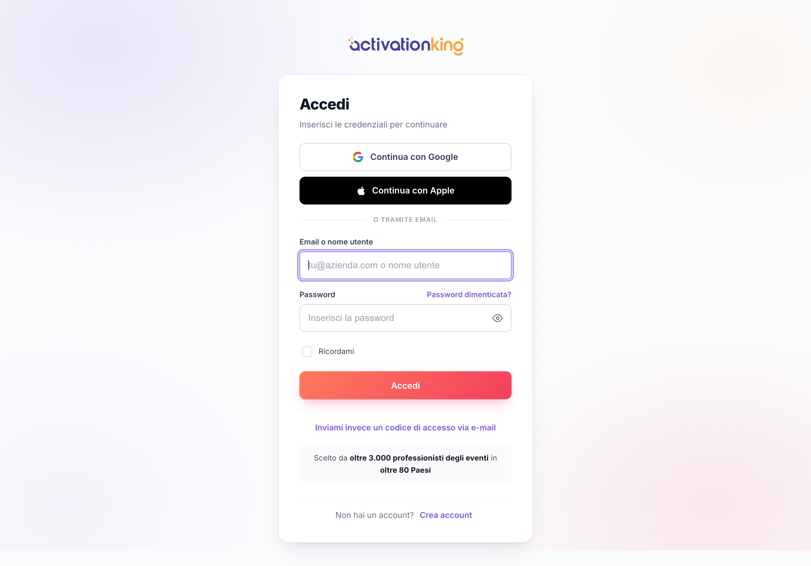 Pagina di accesso di Activation King con opzioni email, password, Google e Apple