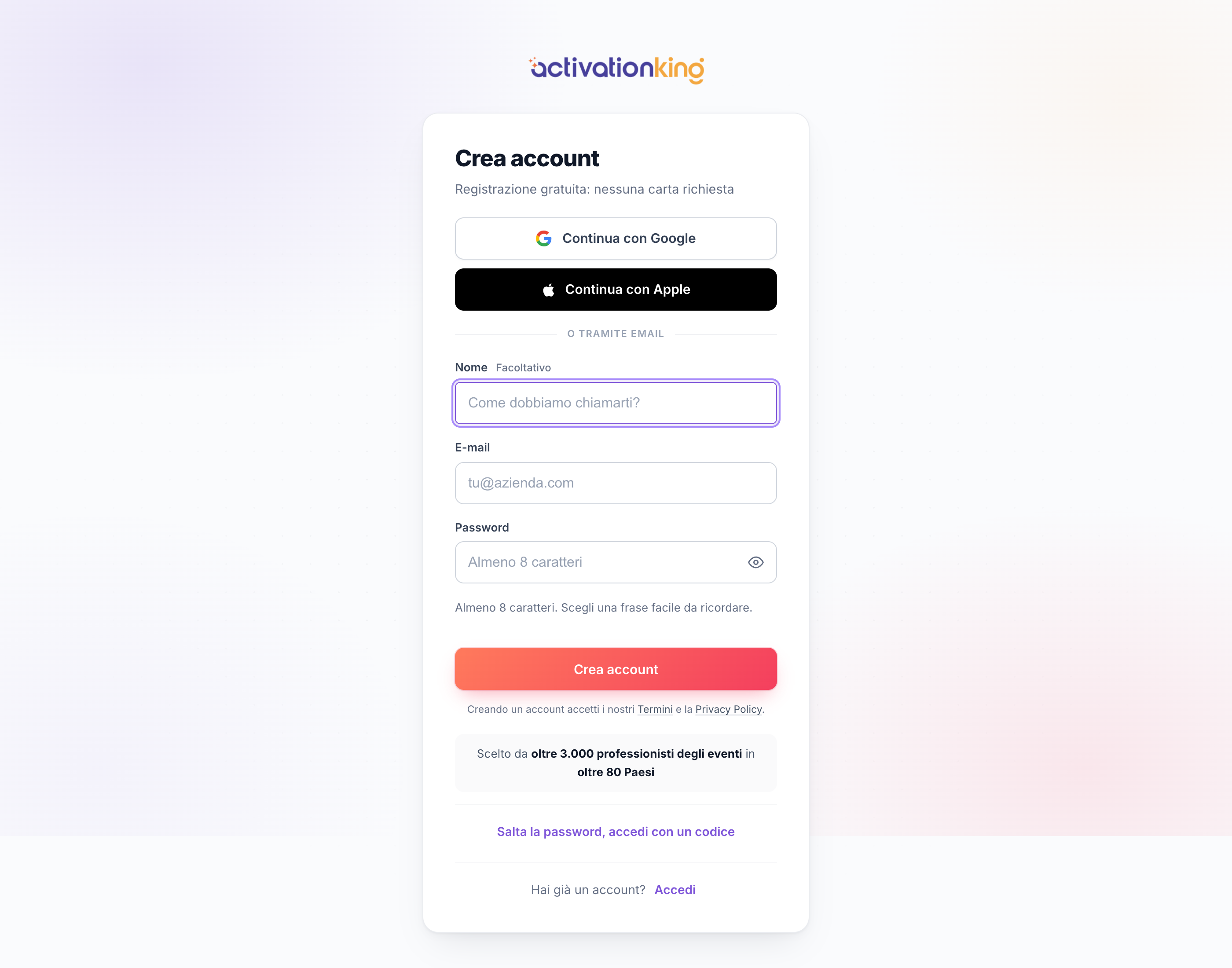 Pagina di registrazione di Activation King con opzioni di iscrizione tramite Google, Apple ed email