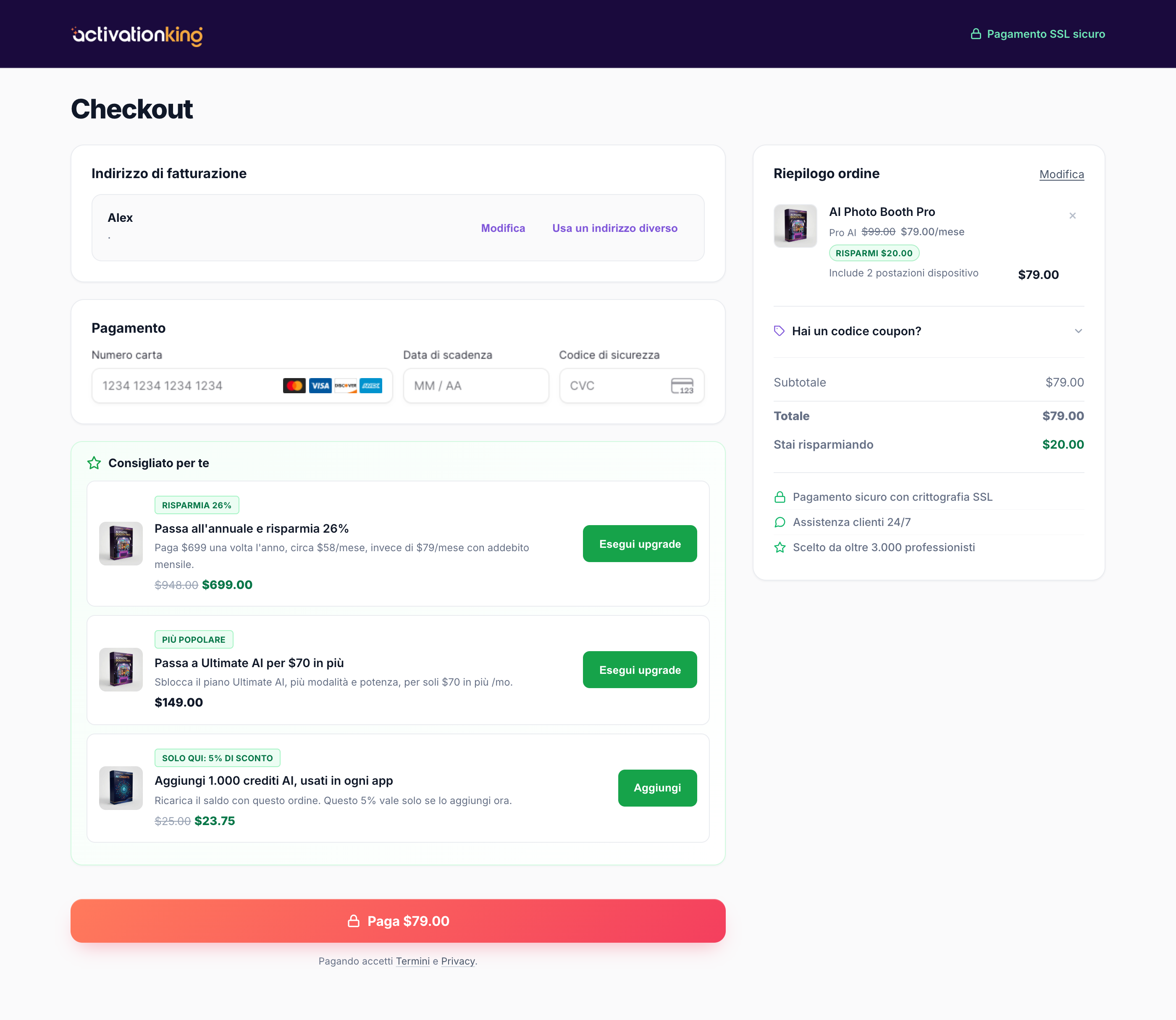 Pagina di checkout sicura di Activation King con campi per email, indirizzo e carta