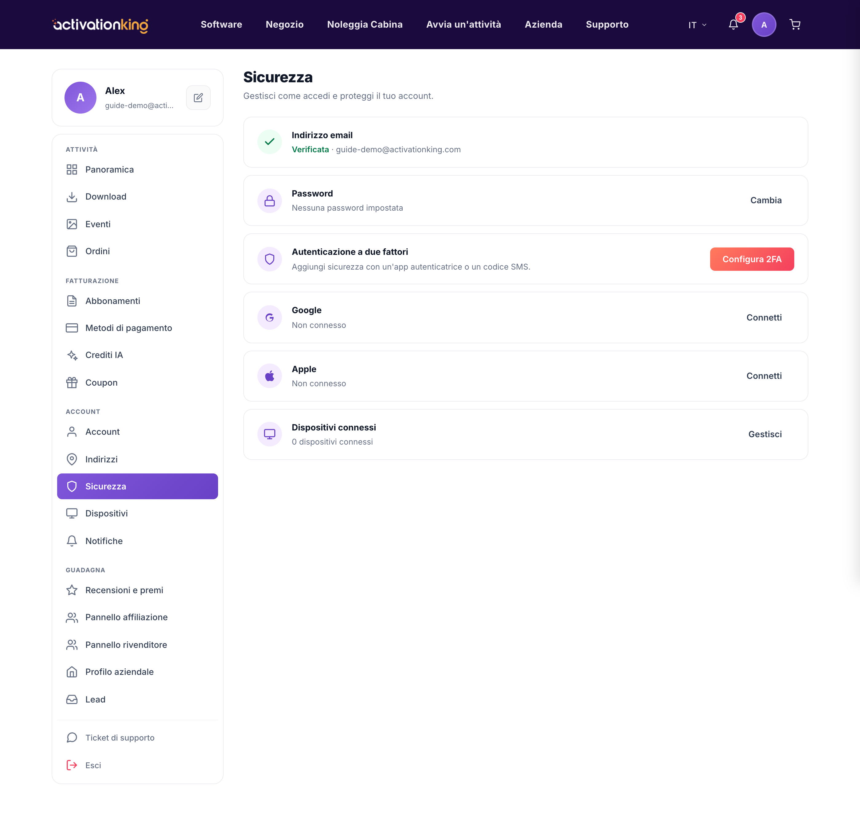Dashboard Sicurezza di Activation King con verifica, password, 2FA e account collegati