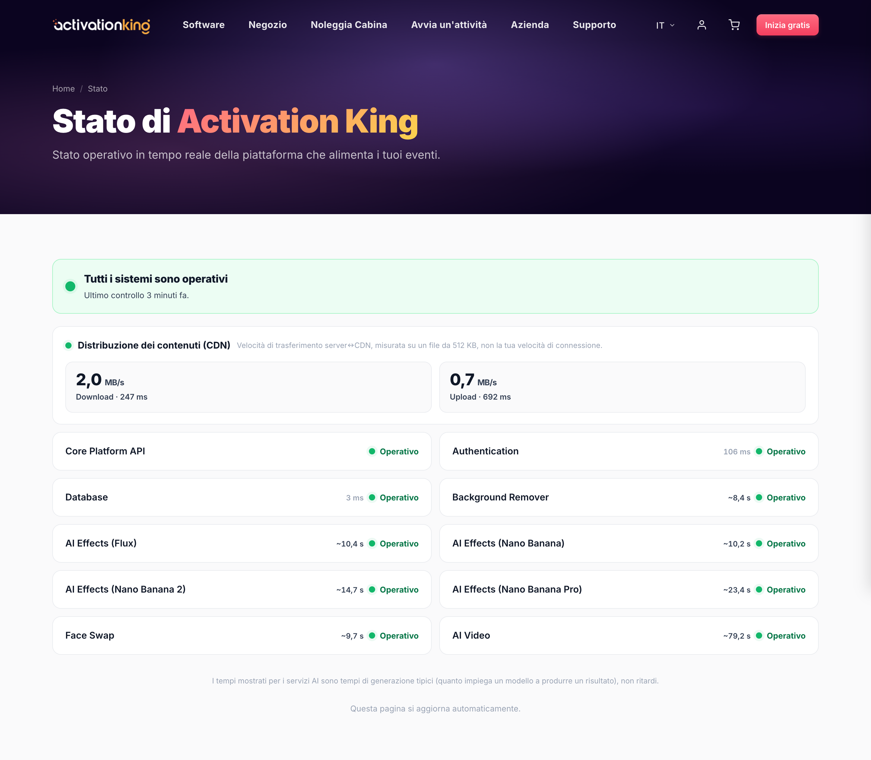 Pagina Stato del sistema di Activation King che mostra i servizi operativi