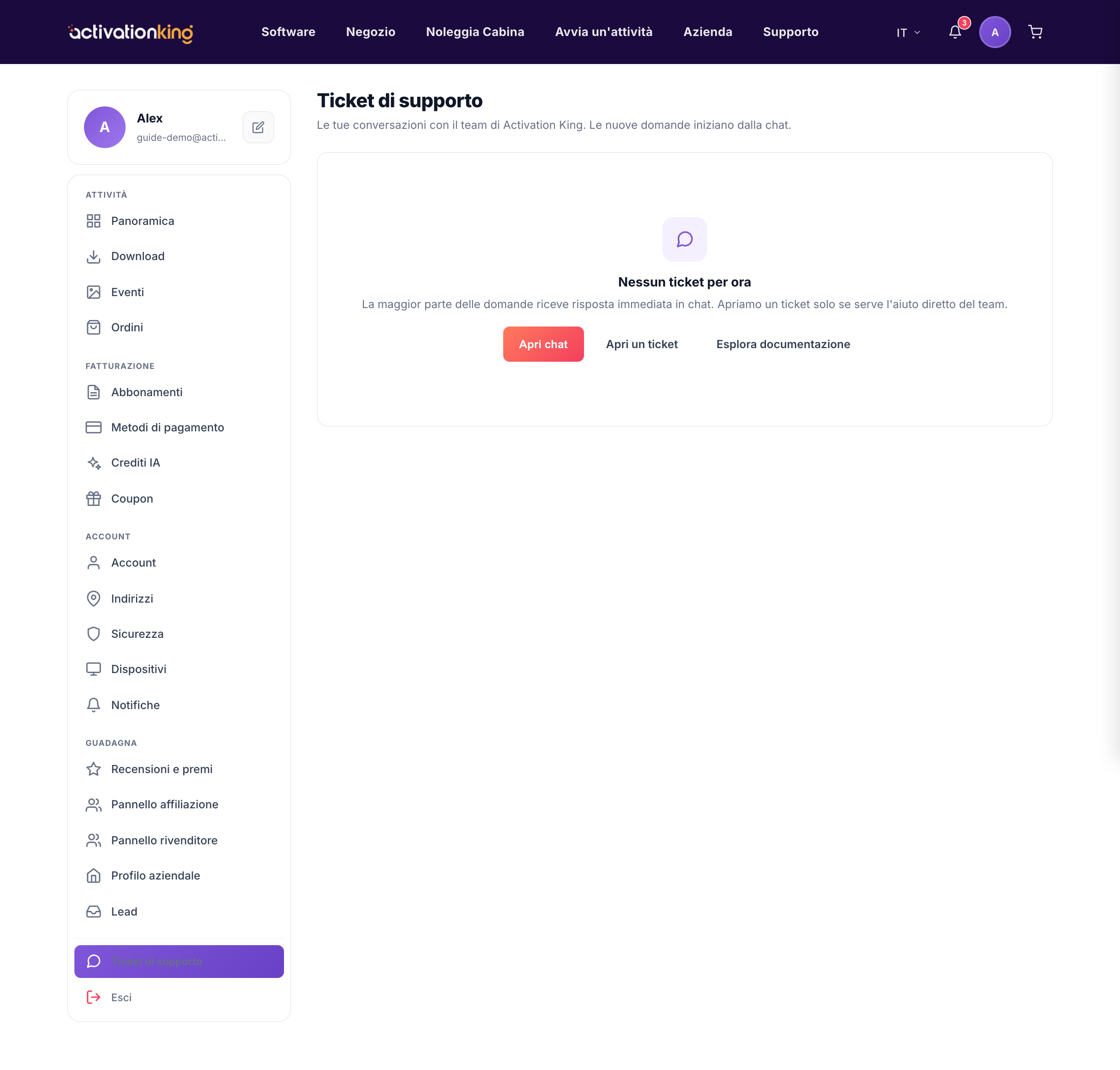 Pagina dei ticket di assistenza con Apri chat, Apri un ticket e Sfoglia la documentazione