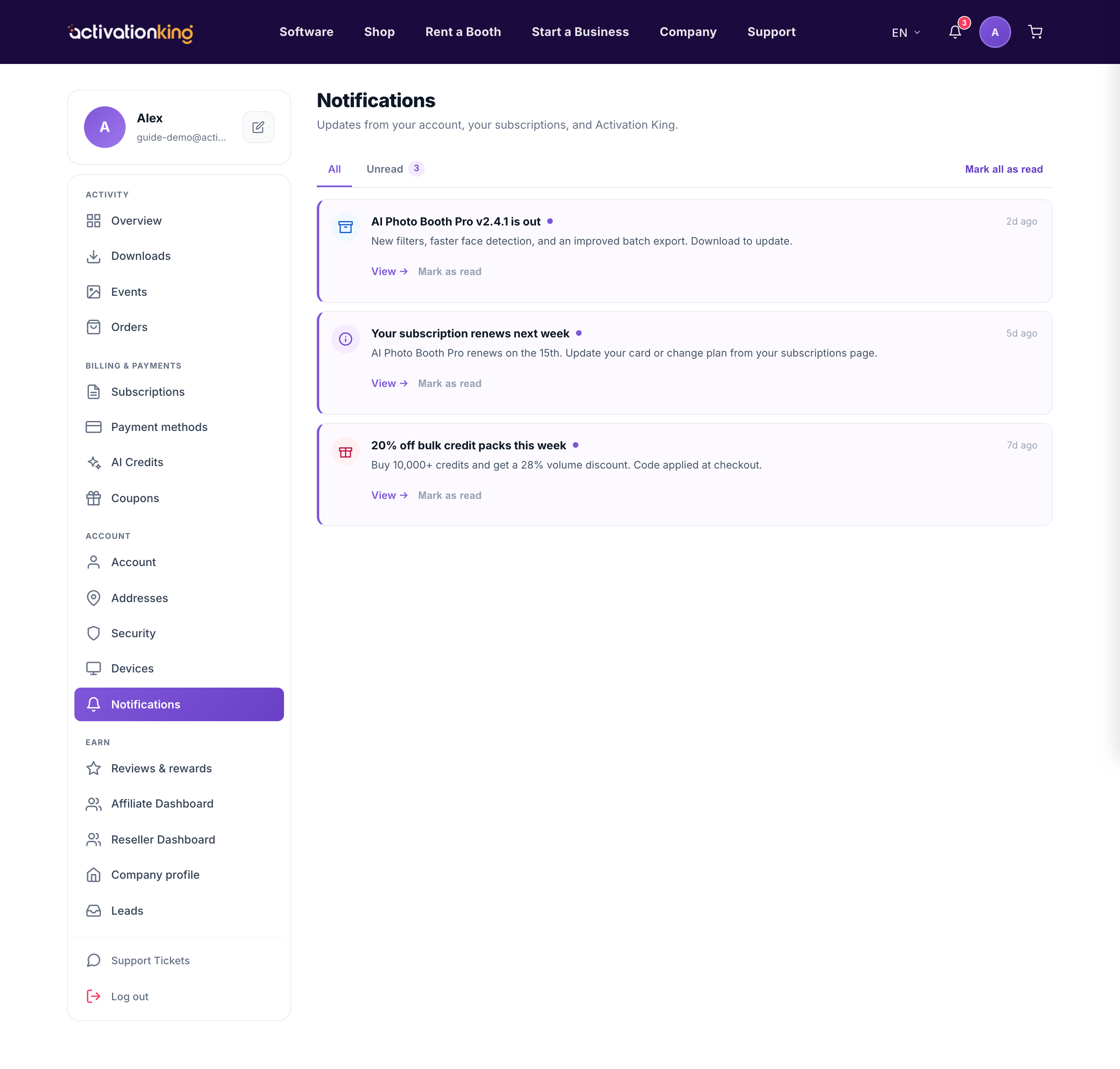 Dashboard Notifications page with All and Unread tabs listing account notifications