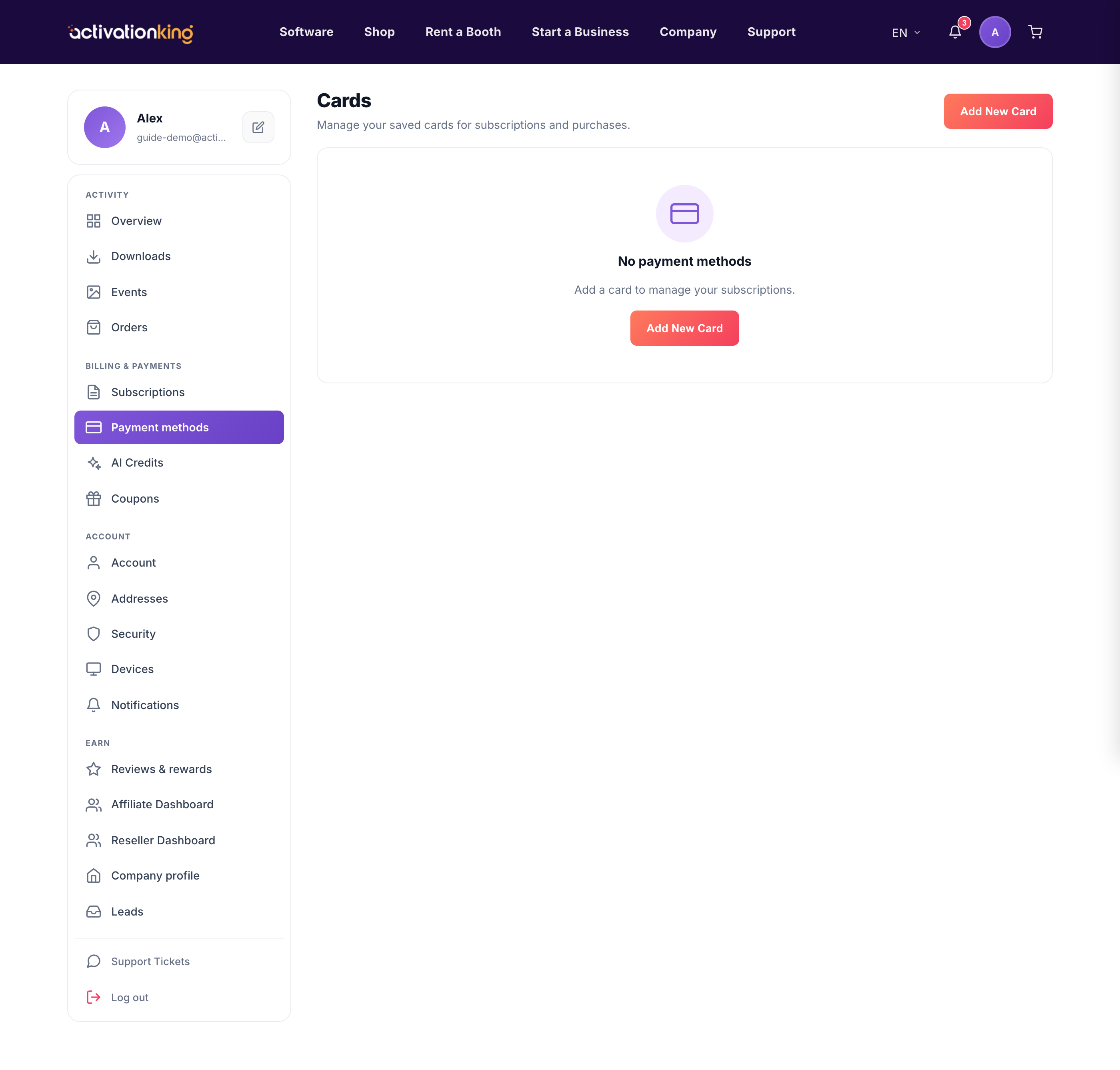 Payment methods page listing saved cards