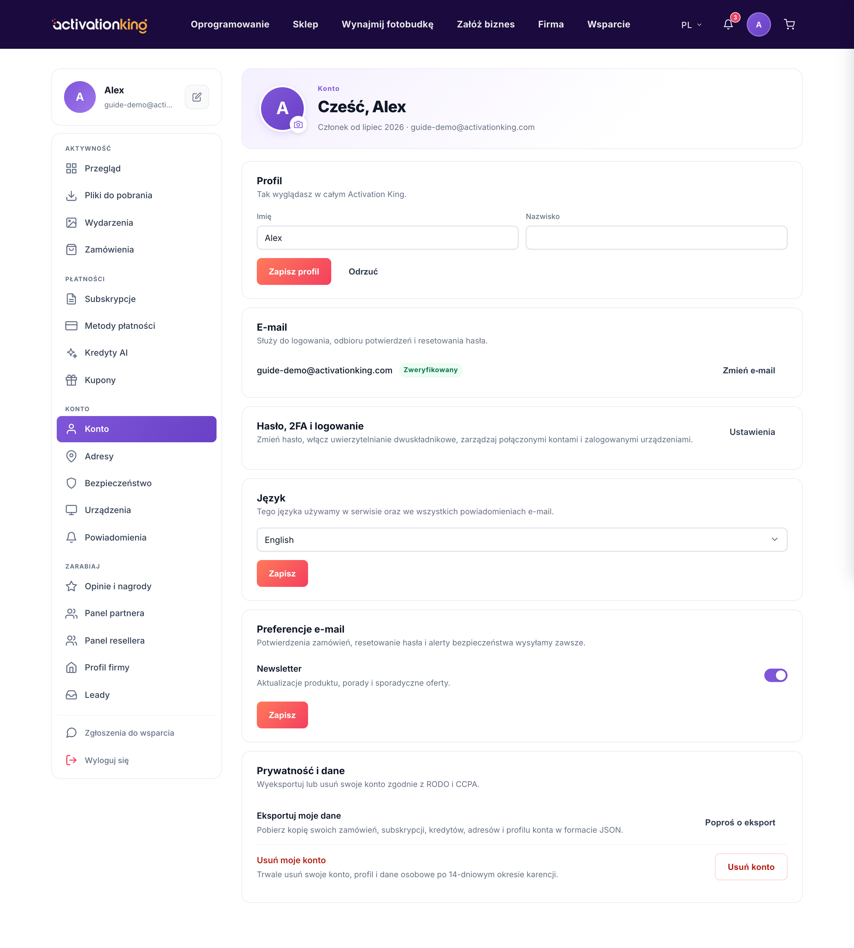 Strona ustawień konta Activation King z sekcjami profilu, e-maila, języka i prywatności