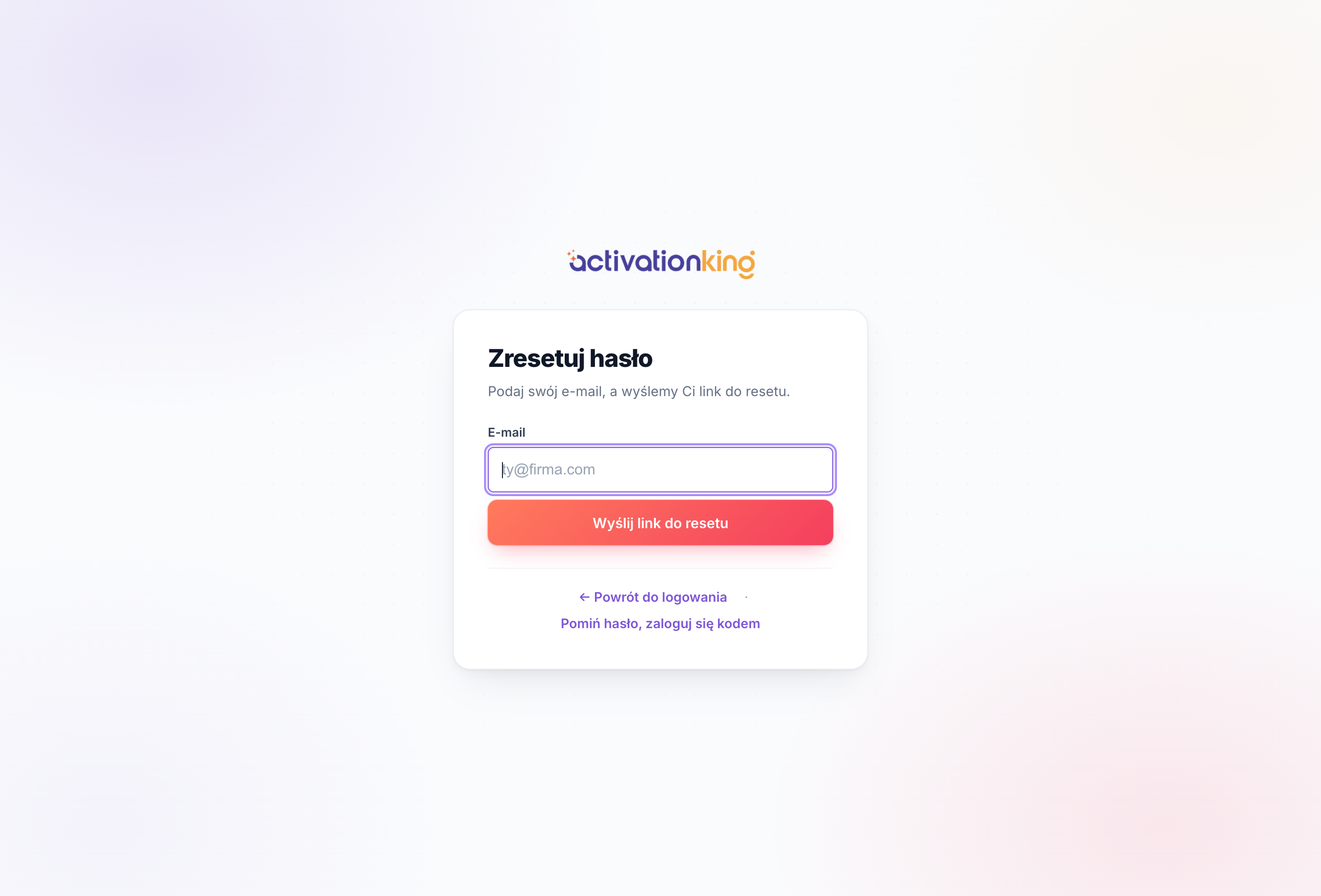 Ekran odzyskiwania hasła Activation King z polem adresu e-mail