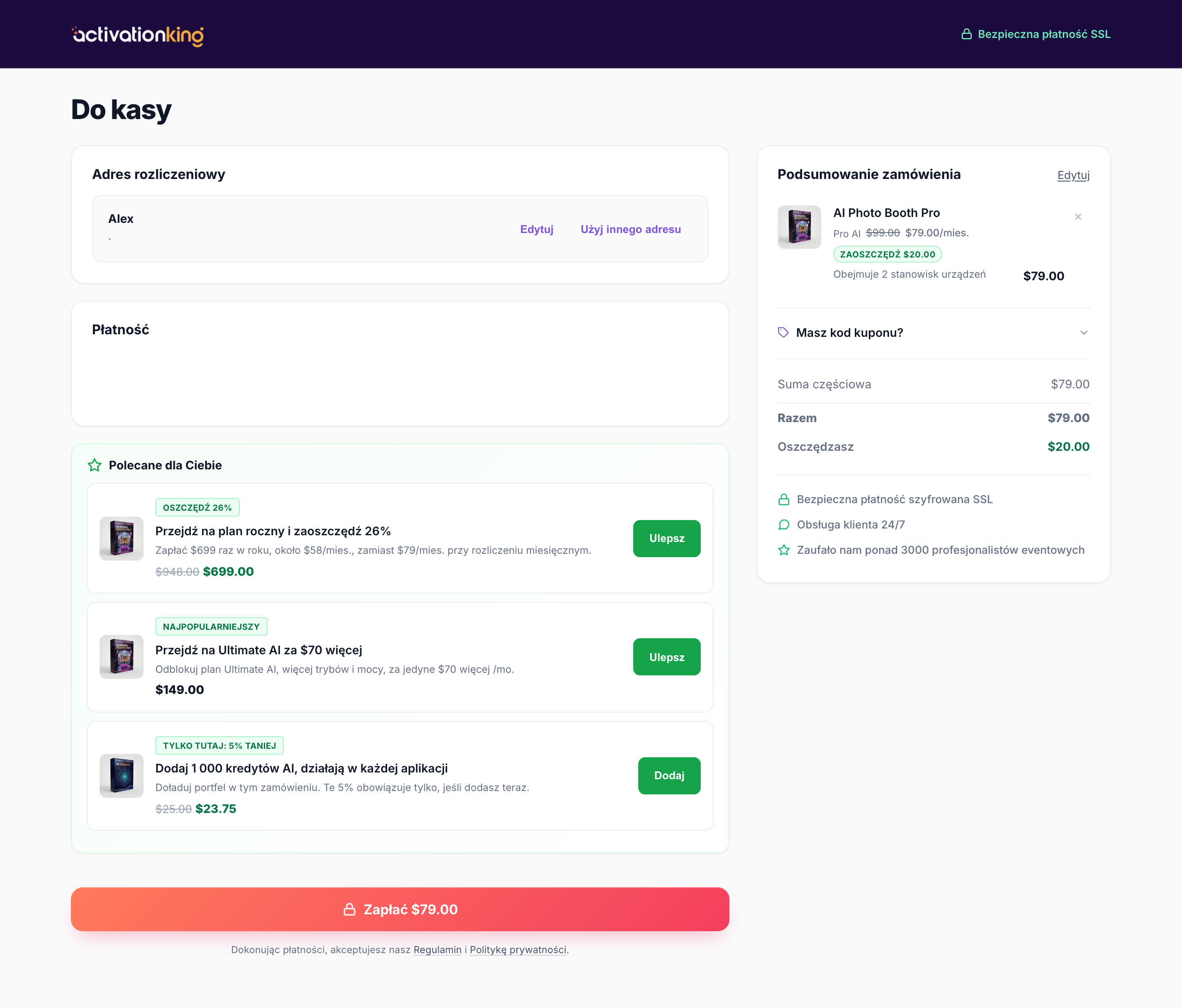 Bezpieczna strona kasy Activation King z polami na e-mail, adres i kartę