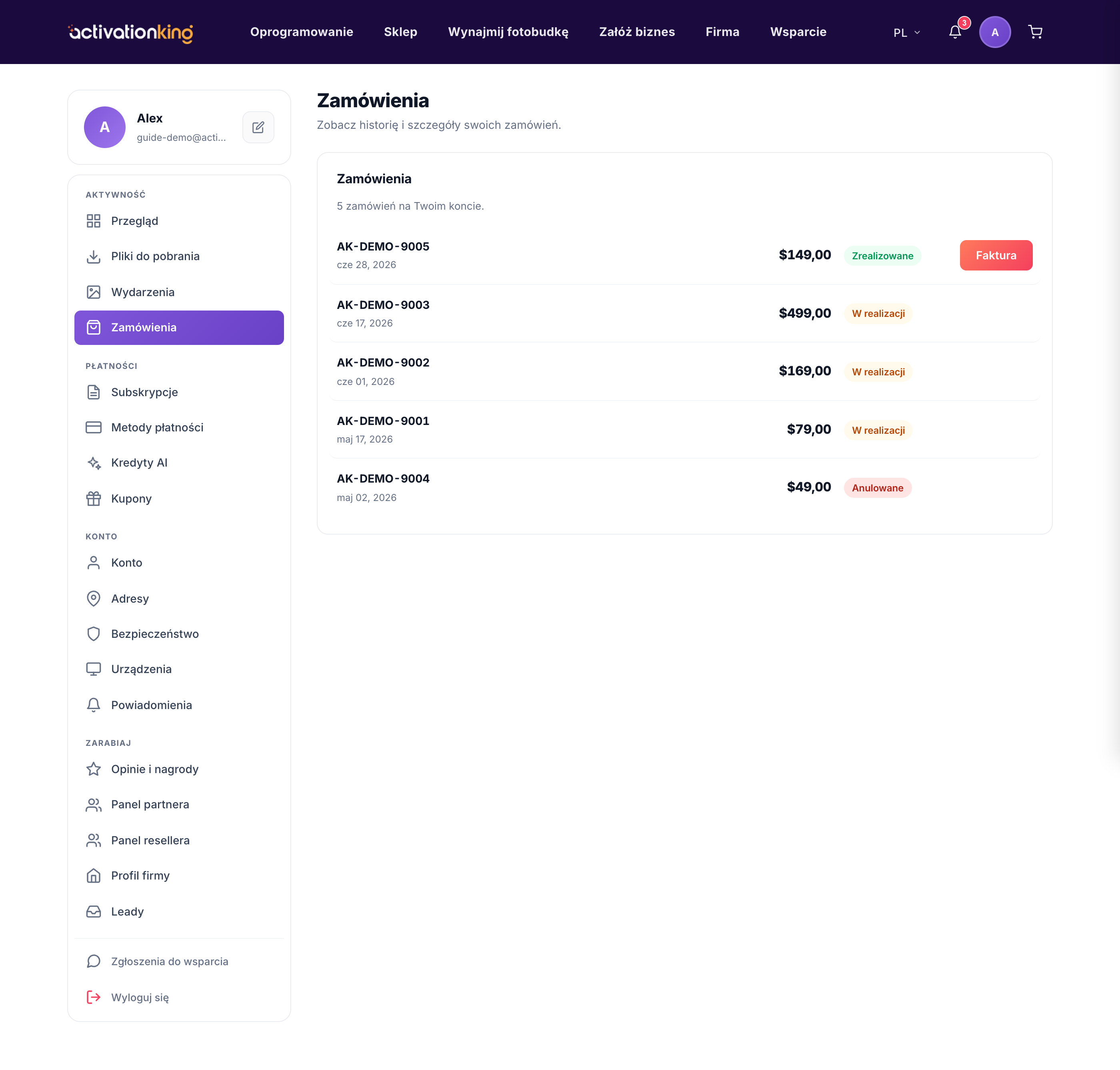 Strona Zamówienia z historią zakupów i filtrami