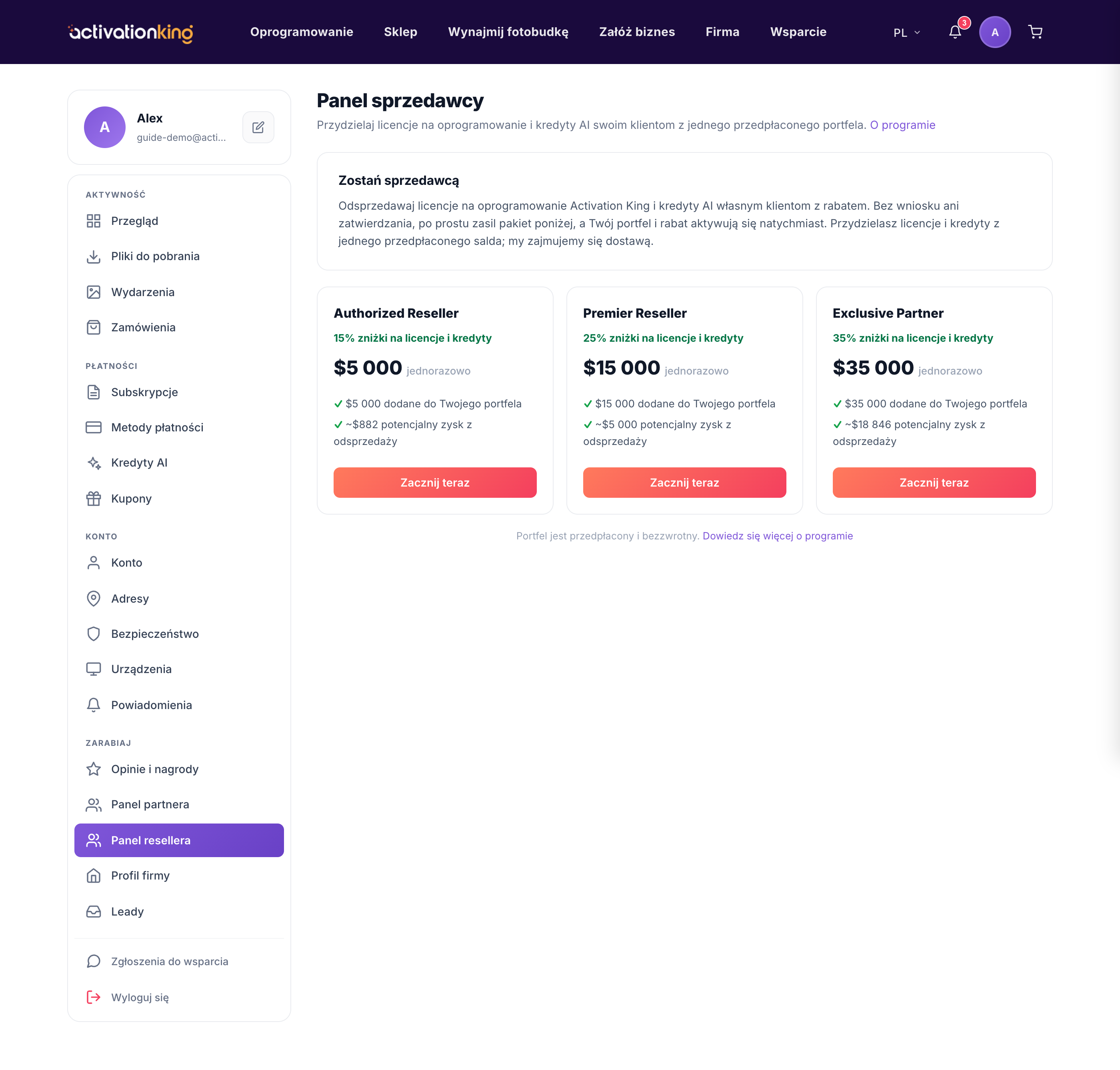 Panel resellera w Activation King