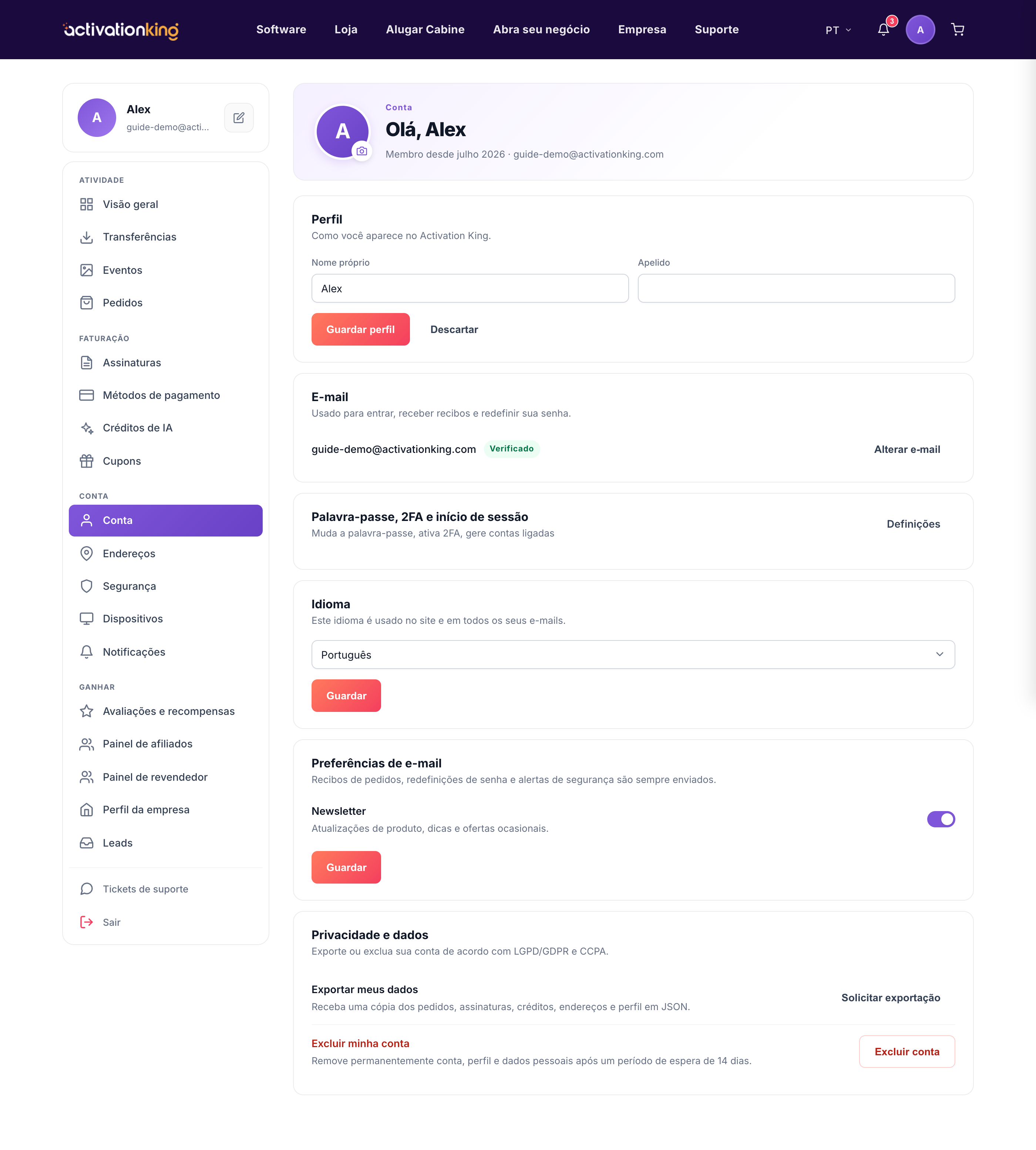 Página de definições da conta Activation King com secções de perfil, email, idioma e privacidade