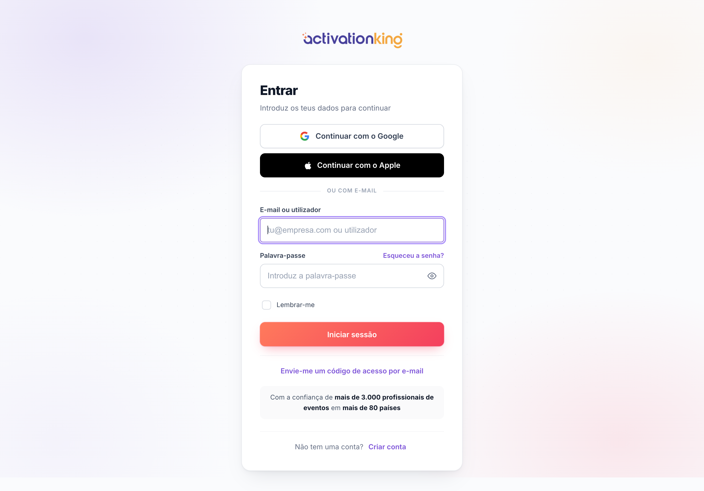 Página de início de sessão da Activation King com opções de email, palavra-passe, Google e Apple