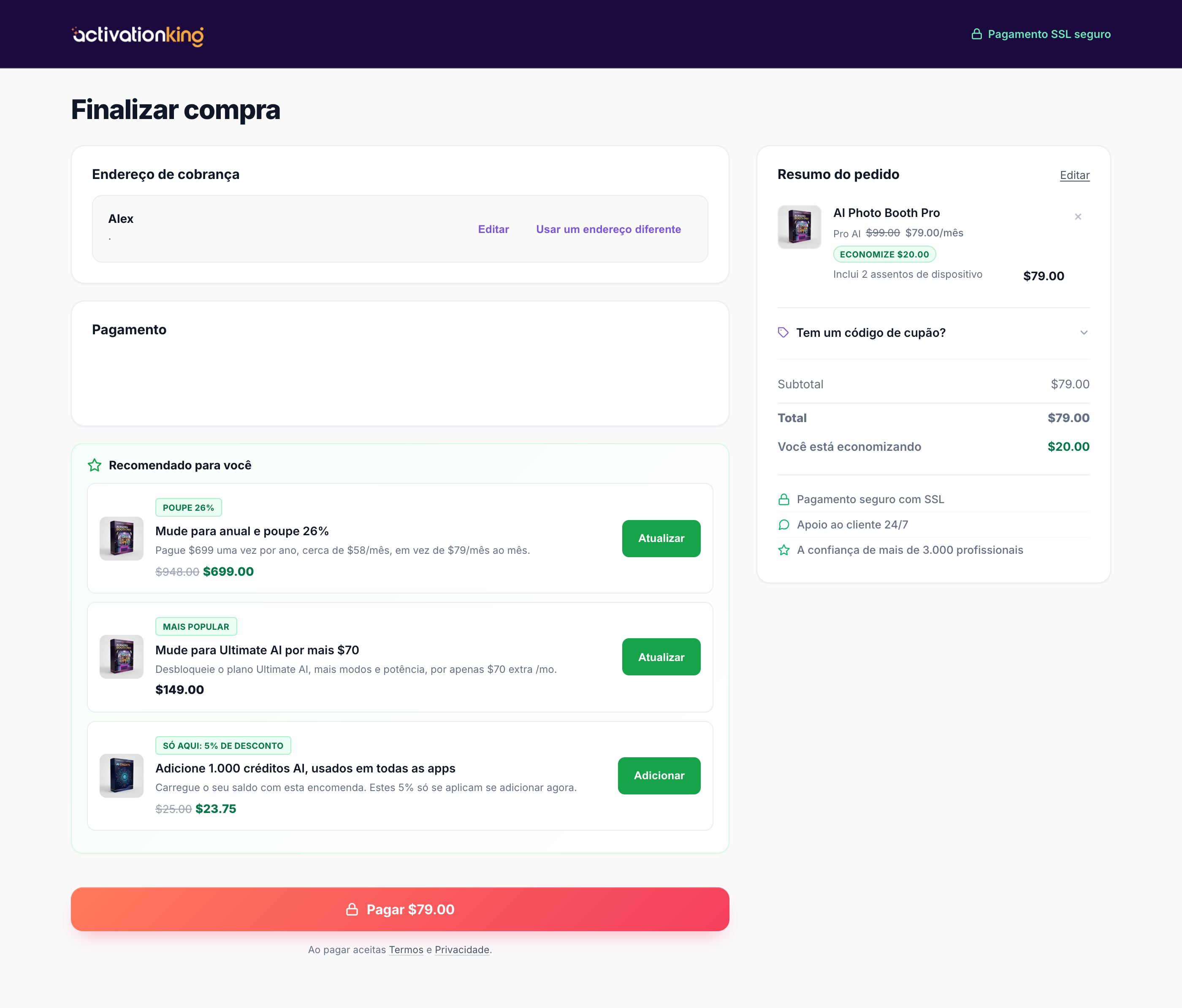 Página de checkout seguro da Activation King com campos de email, morada e cartão