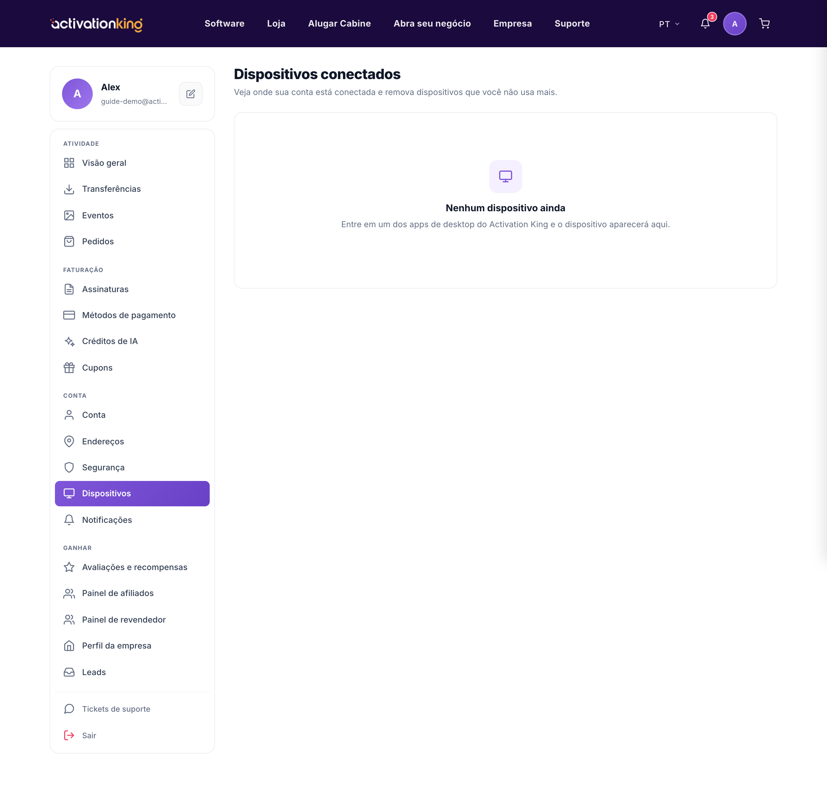 Lista de dispositivos ligados da Activation King dividida em secções Ativos e Com sessão terminada