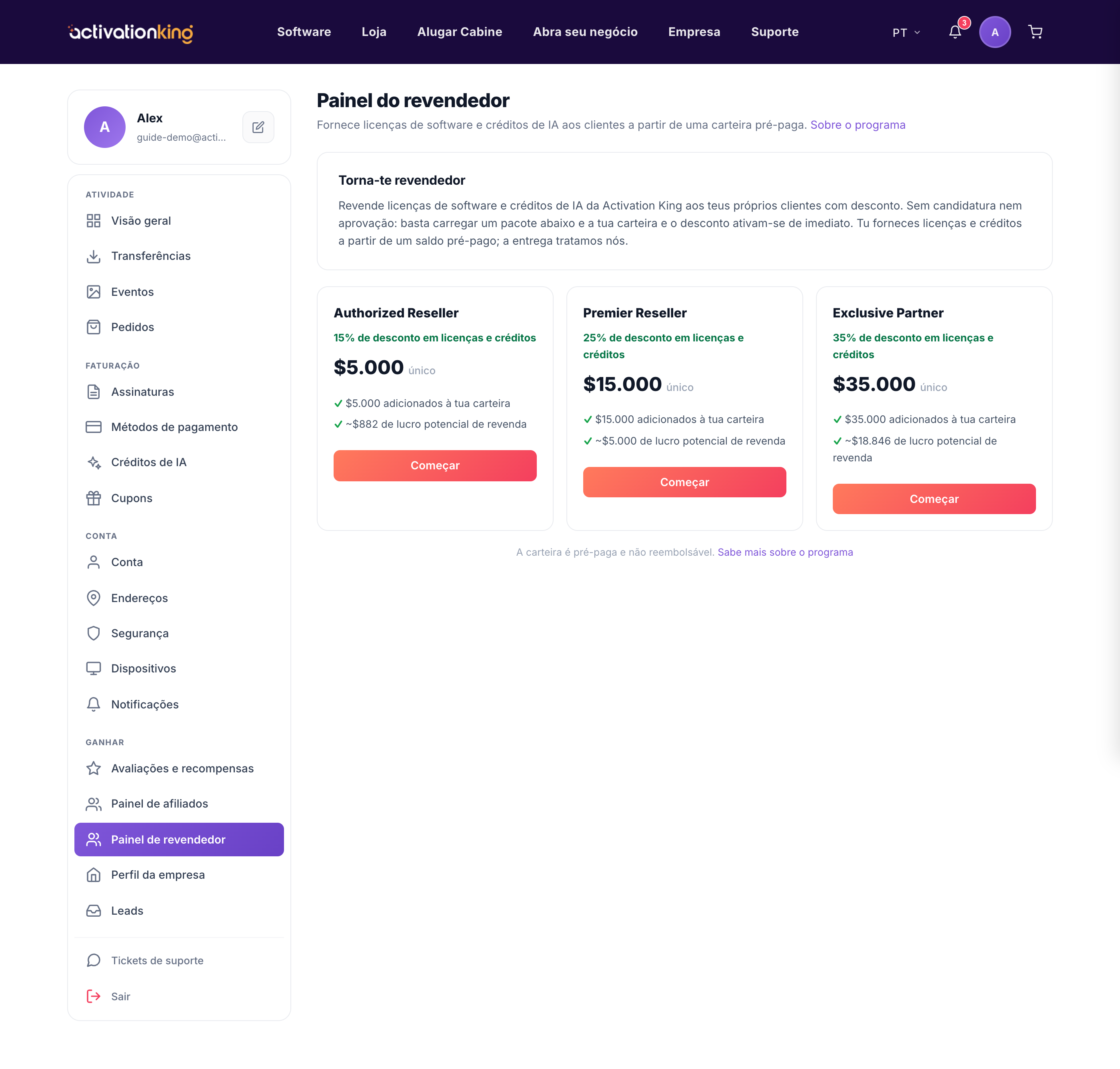 Painel de Reseller na Activation King