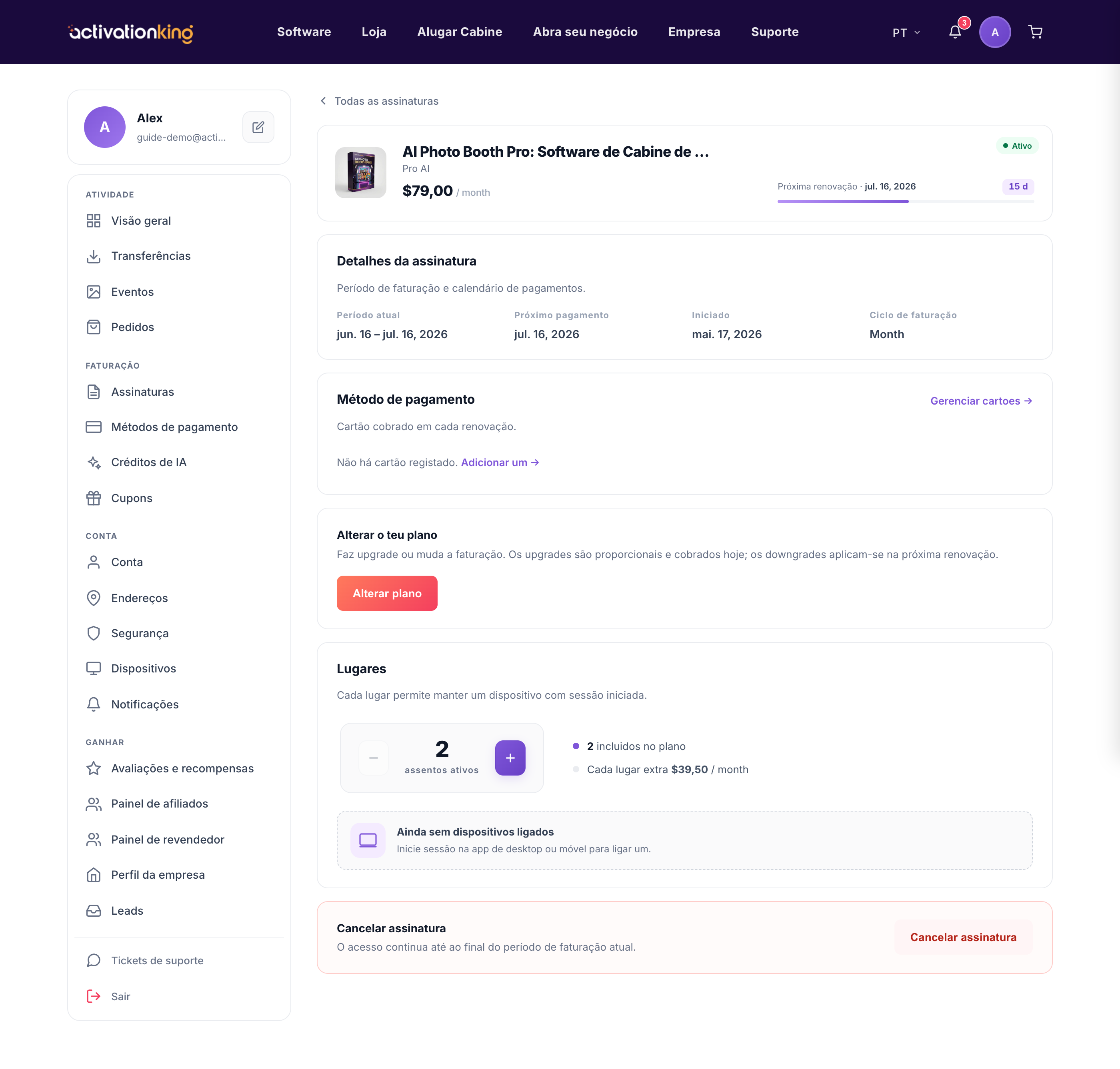 Página de detalhe da subscrição com a opção Cancelar