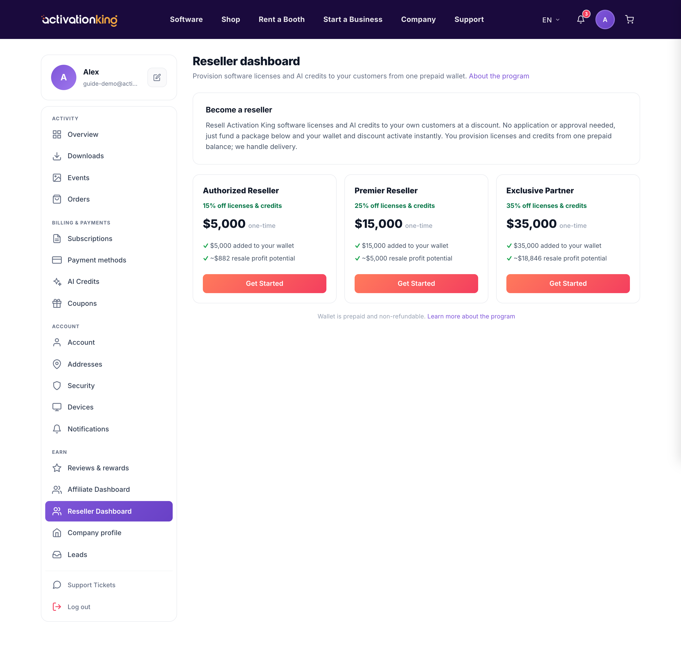 Reseller dashboard in Activation King