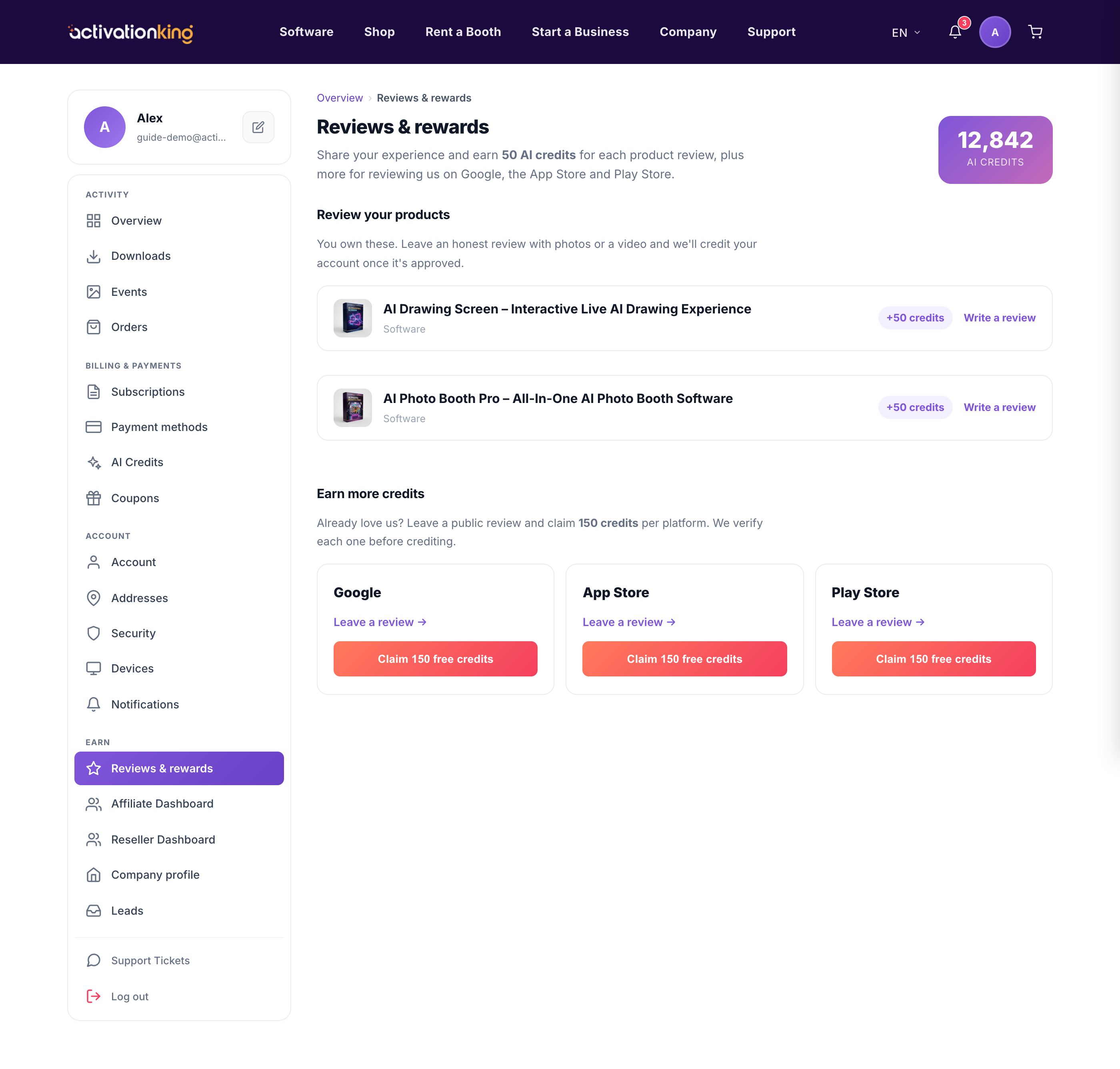 Dashboard Reviews and rewards page with a review form and an external claim option