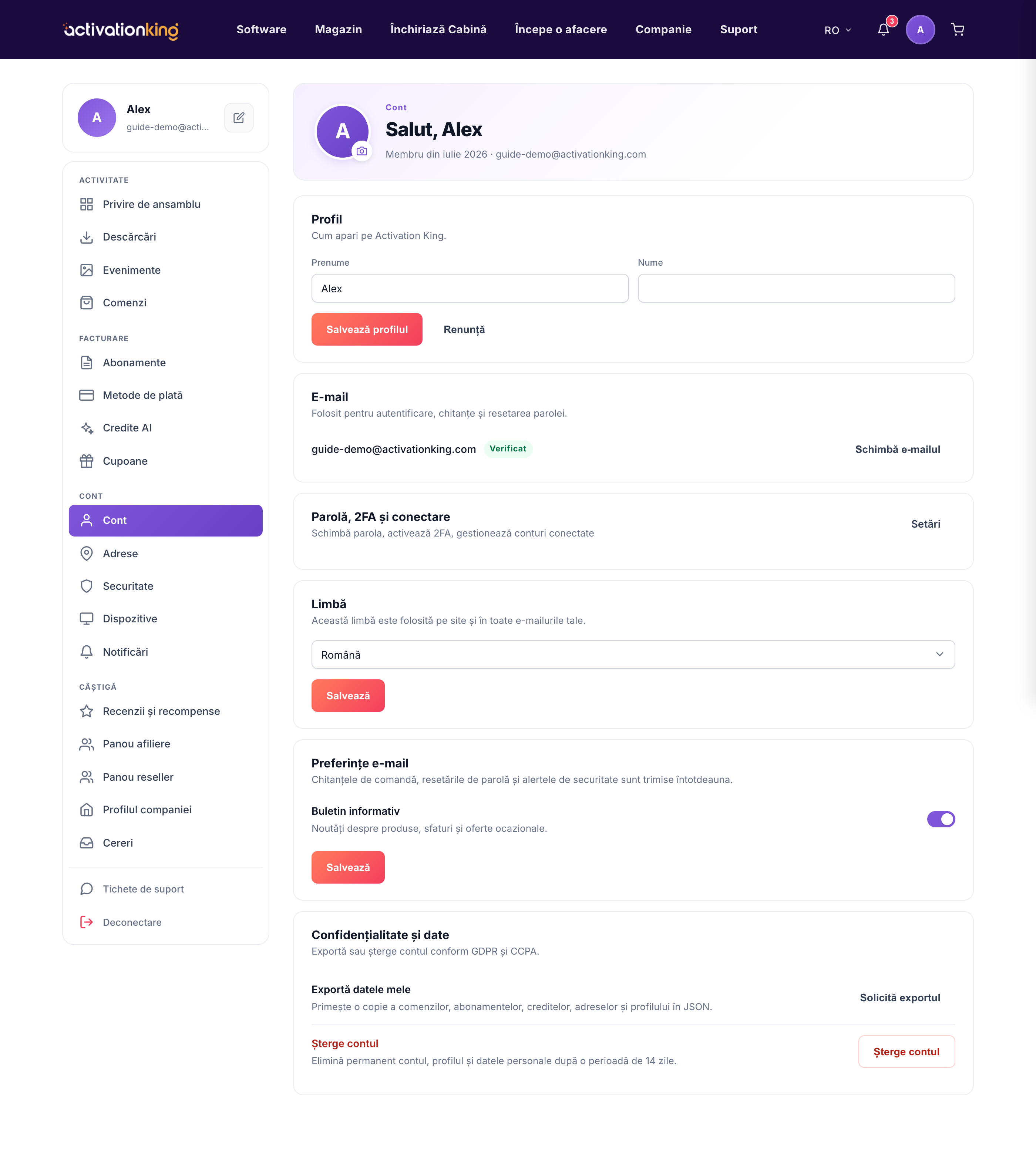 Pagina de setari a contului Activation King cu sectiunile profil, email, limba si confidentialitate
