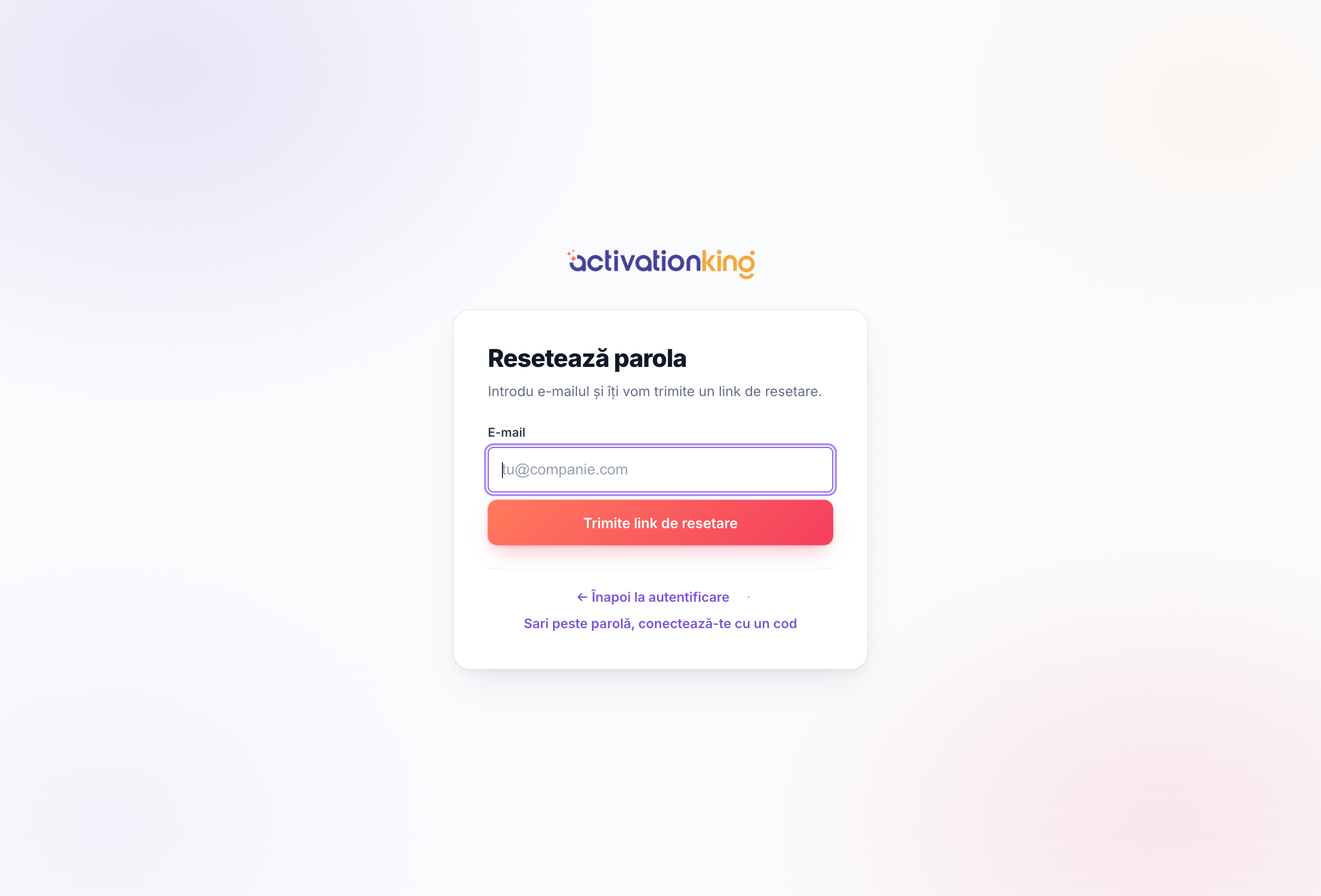 Ecranul de parolă uitată Activation King cu un câmp pentru adresa de e-mail