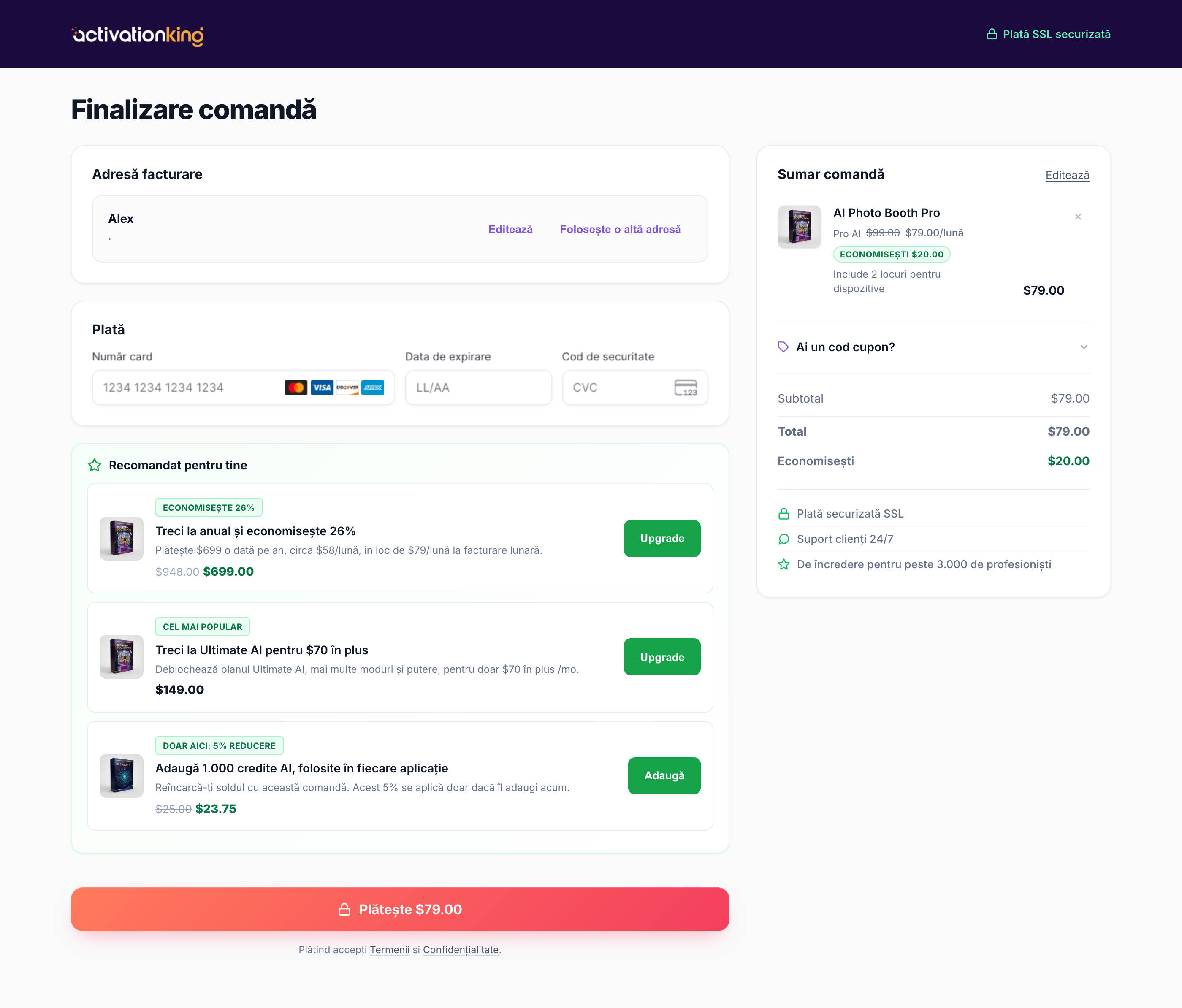 Pagina securizată de finalizare a comenzii Activation King cu câmpuri pentru e-mail, adresă și card