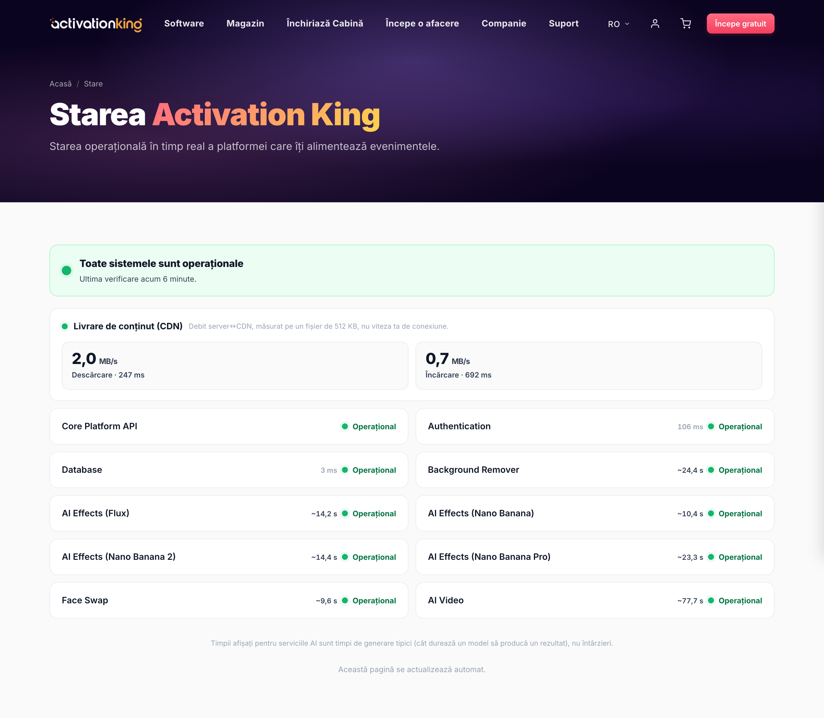 Pagina Stare sistem Activation King care arata serviciile operationale