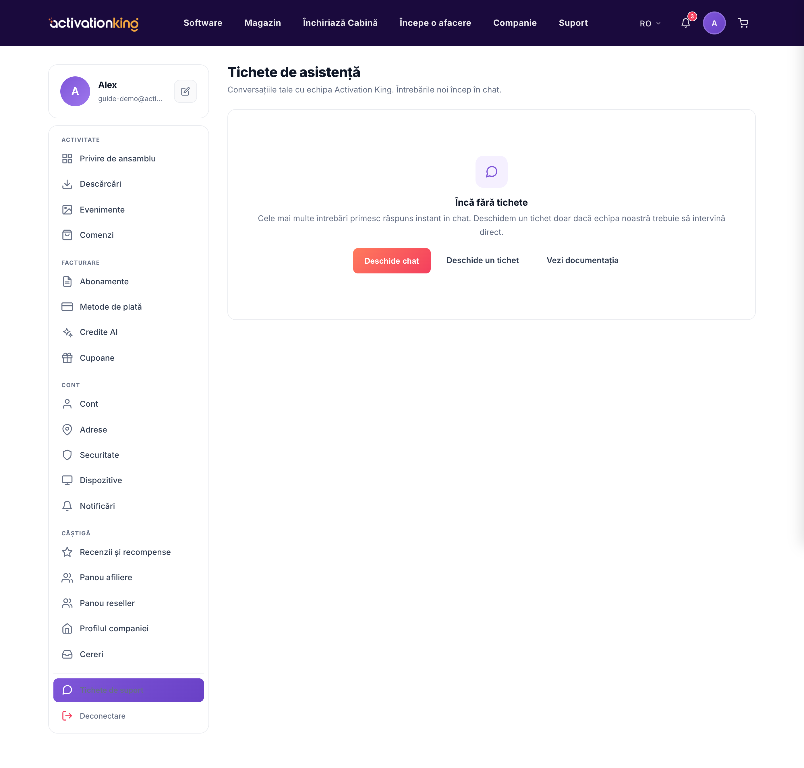 Pagina de asistenta cu Deschide chat, Deschide un tichet si Rasfoieste documentatia