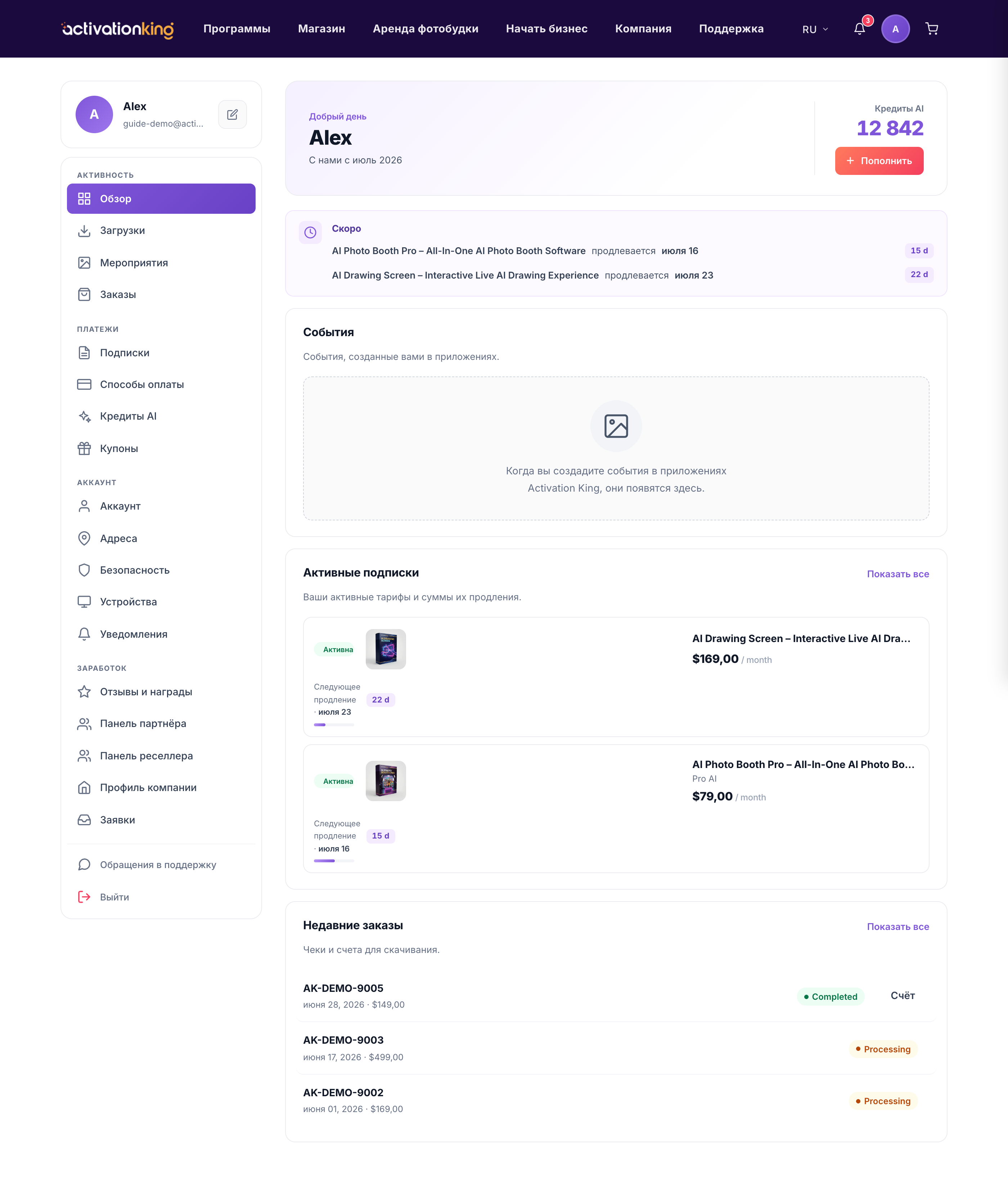 Обзор панели управления Activation King с приветственным блоком, боковой панелью и основной областью