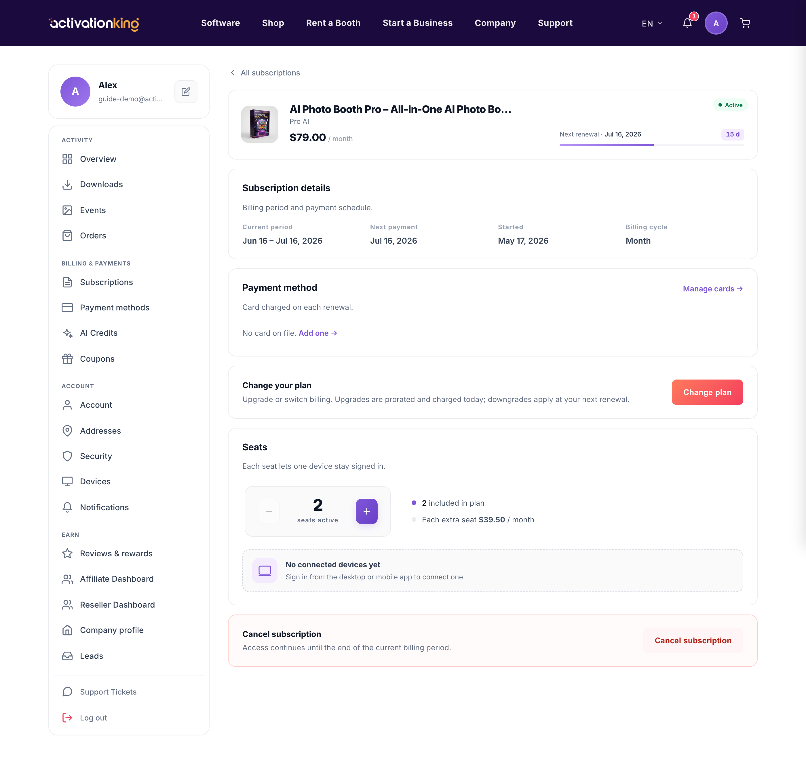 Subscription detail page with plan, billing, seats, and devices