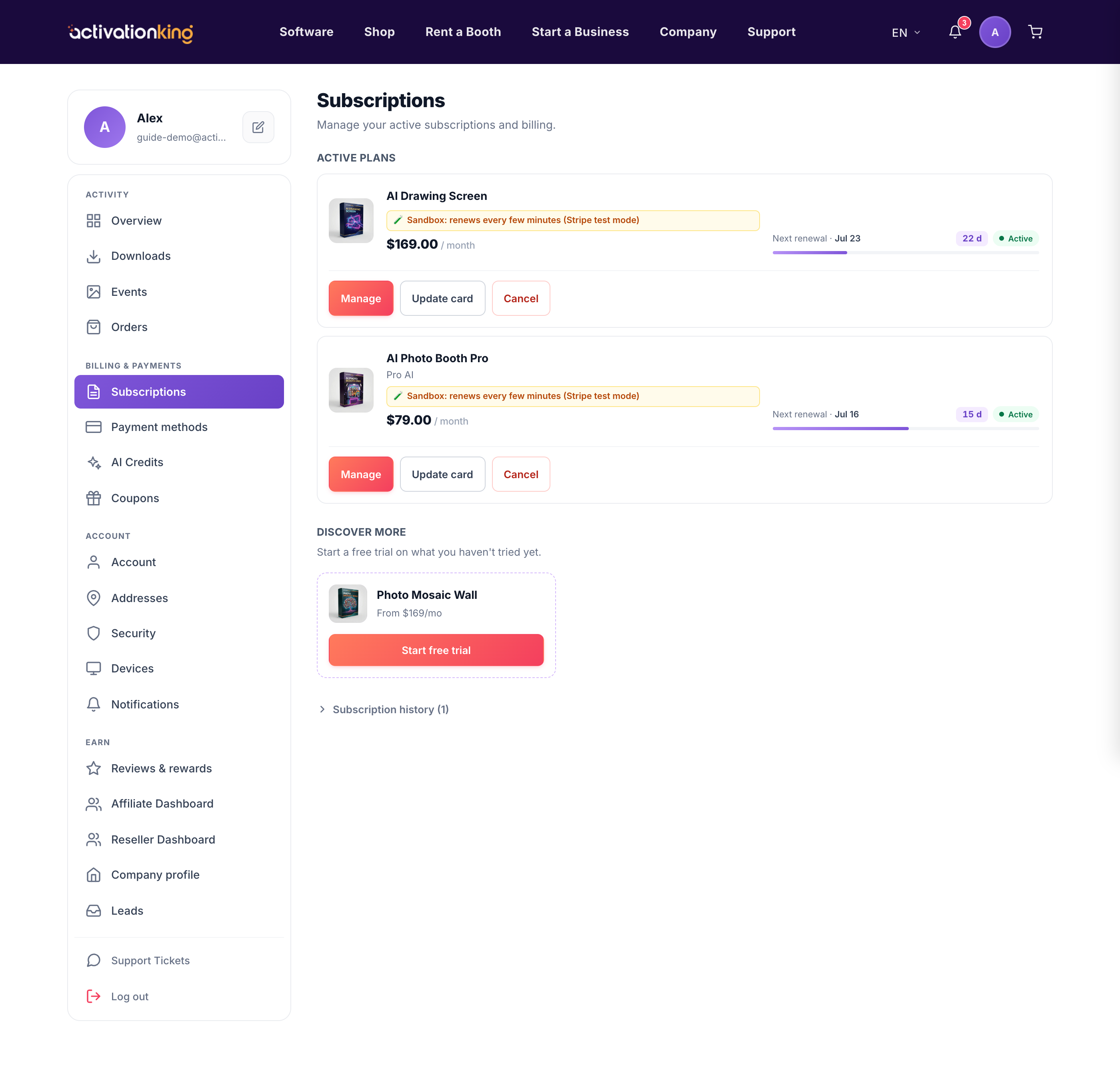 Subscriptions page showing plan tiles with status and actions