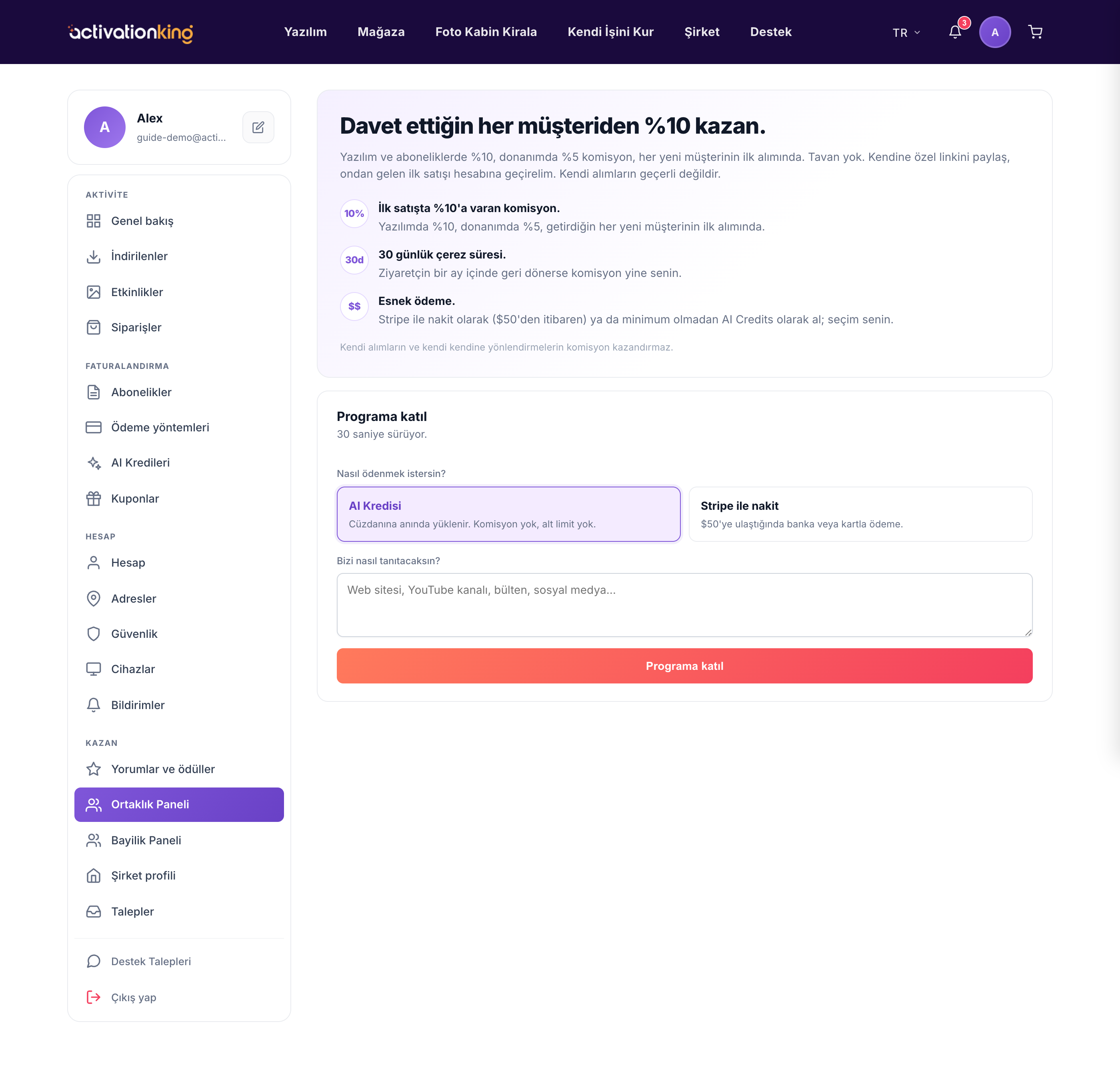 Activation King'te affiliate paneli