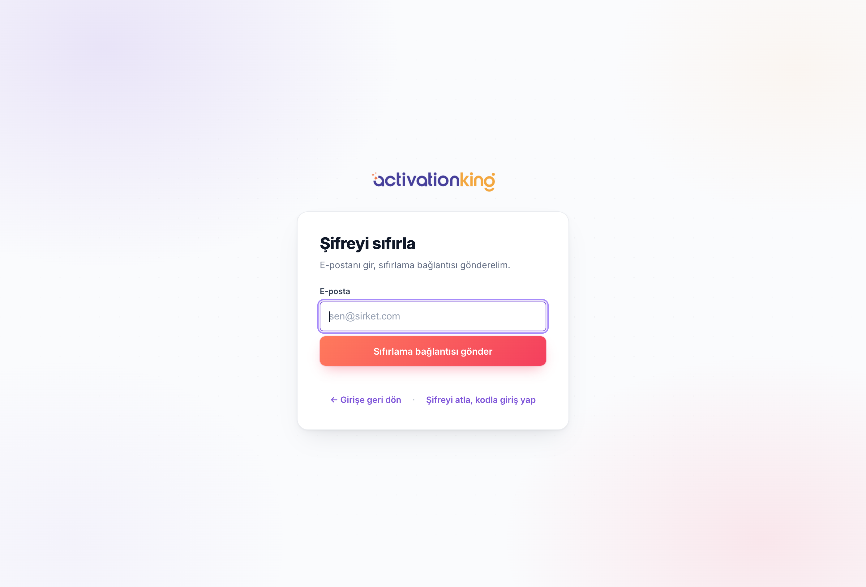 E-posta adresi alanı bulunan Activation King şifremi unuttum ekranı