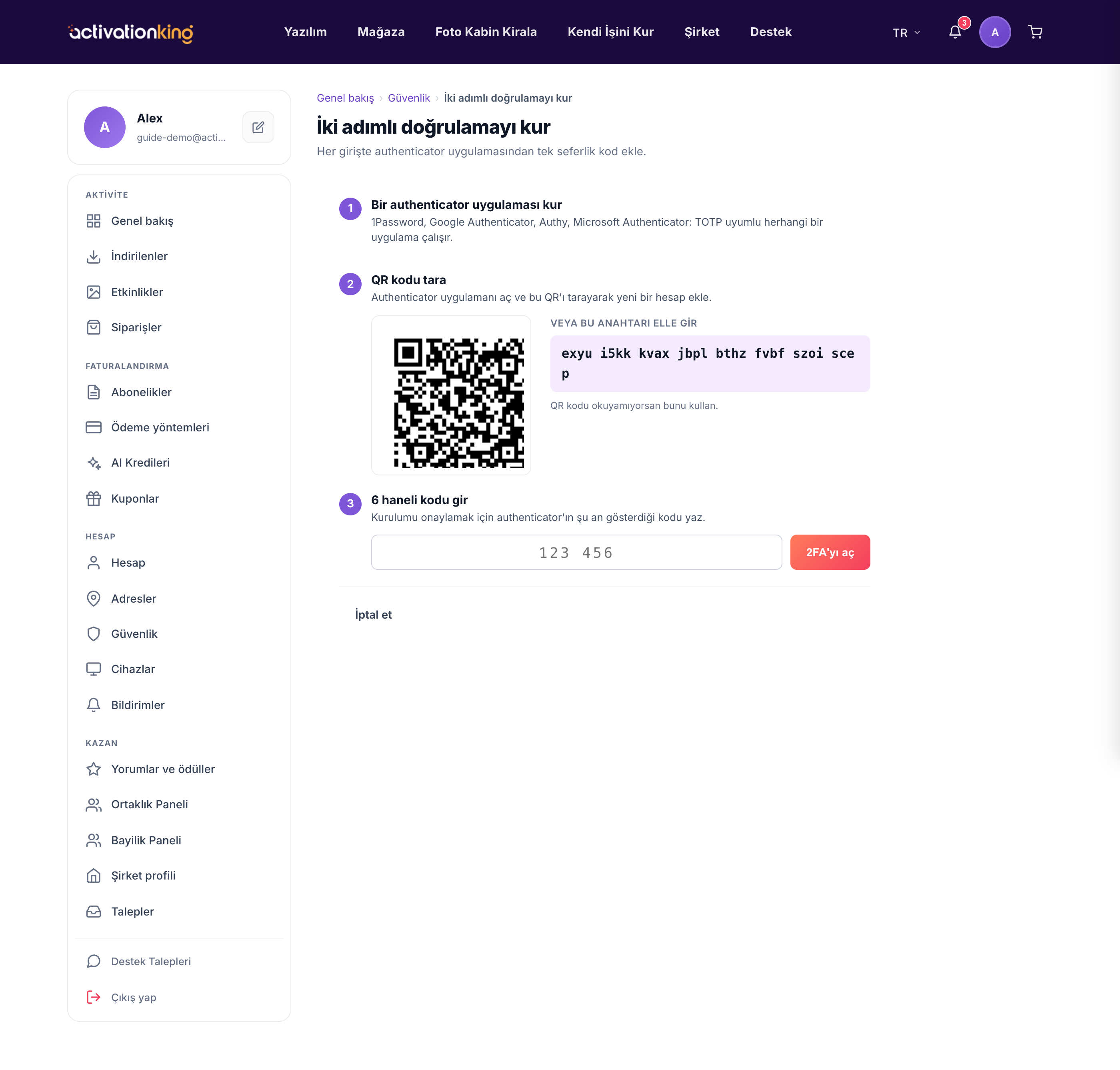Güvenlik panosundaki Activation King iki adımlı doğrulama kurulum kartı