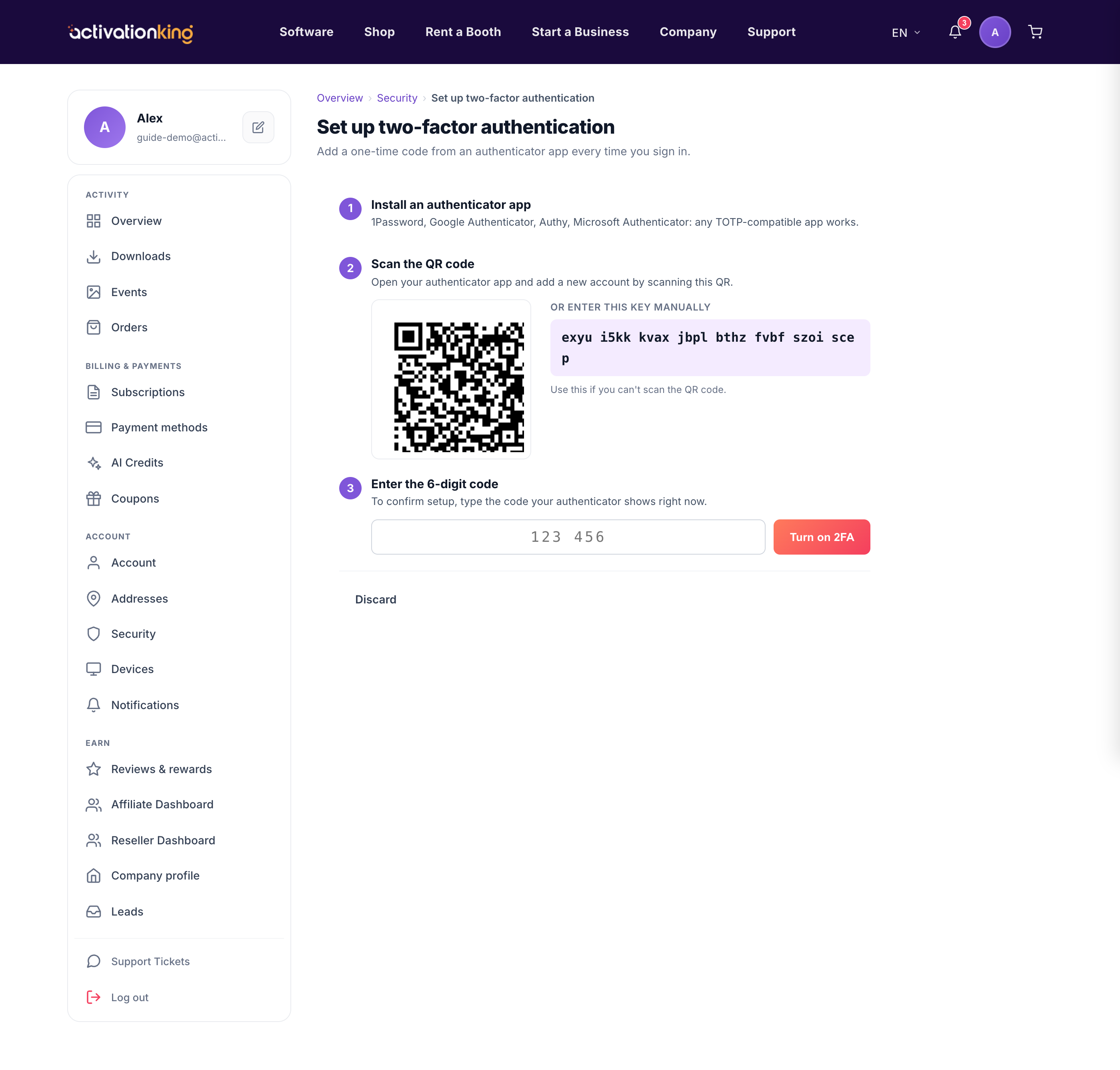 Activation King two-factor authentication setup card in the Security dashboard