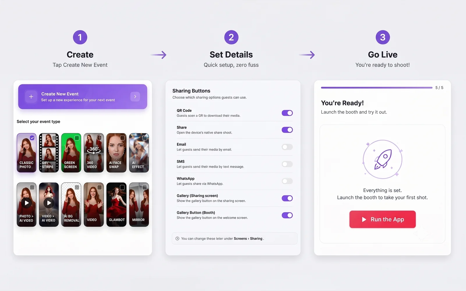 AI Photo Booth Pro event wizard: launch an event in three clicks with Create, Set Details and Go Live