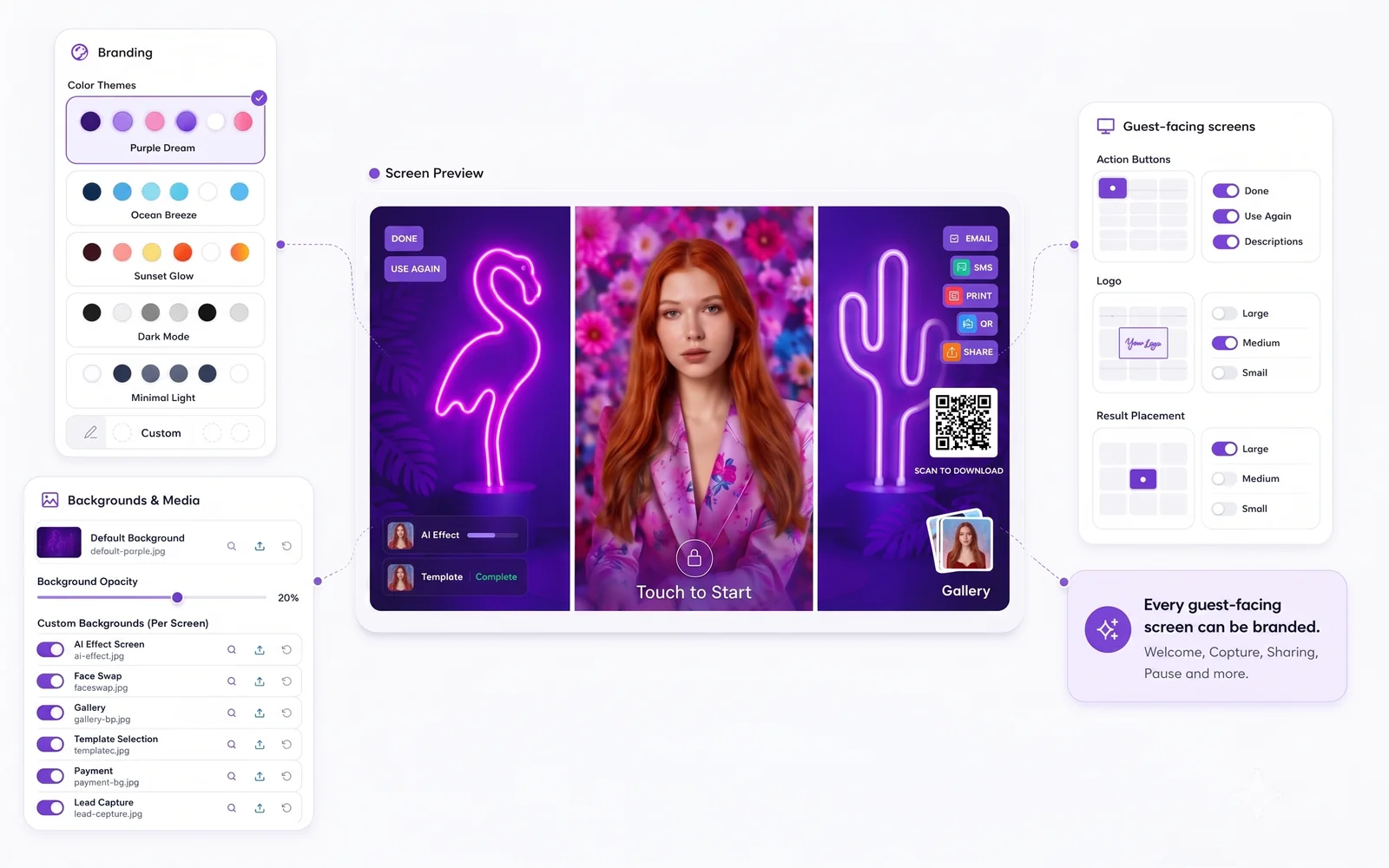 AI Photo Booth Pro screen editor for branding colors, backgrounds and buttons on every guest-facing booth screen