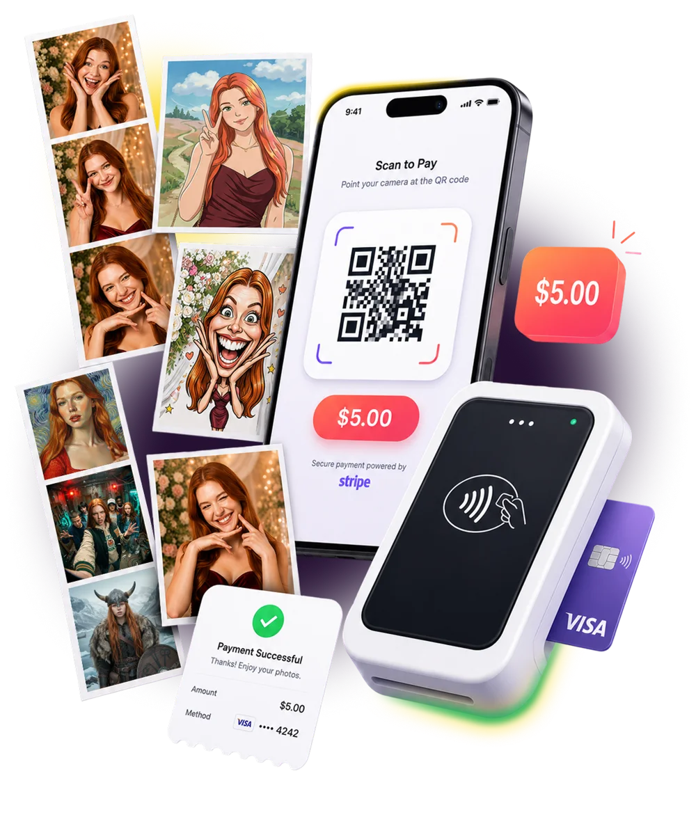 Photo booth payment with QR code and card terminal, powered by Stripe