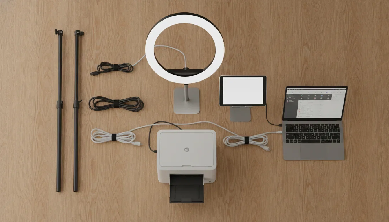 Photo booth business starter equipment laid out: ring light, iPad, printer, backdrop, laptop