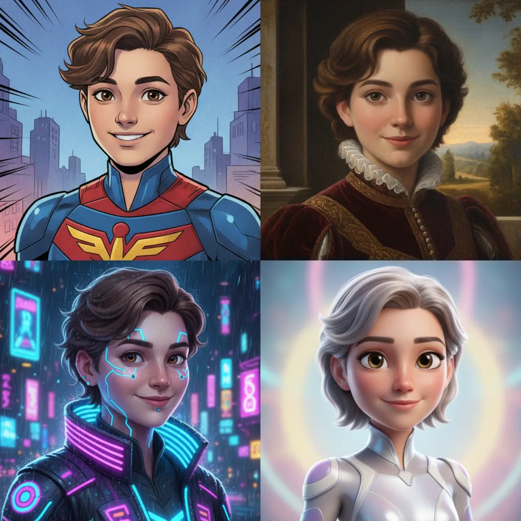 One guest transformed into four AI portrait styles