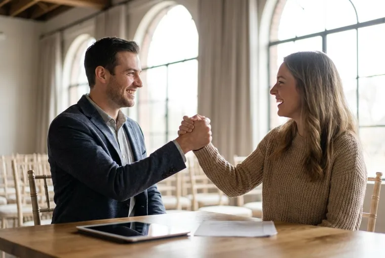 Two professionals closing a booking deal