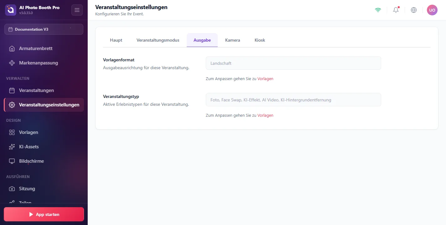 Veranstaltungseinstellungen, Output