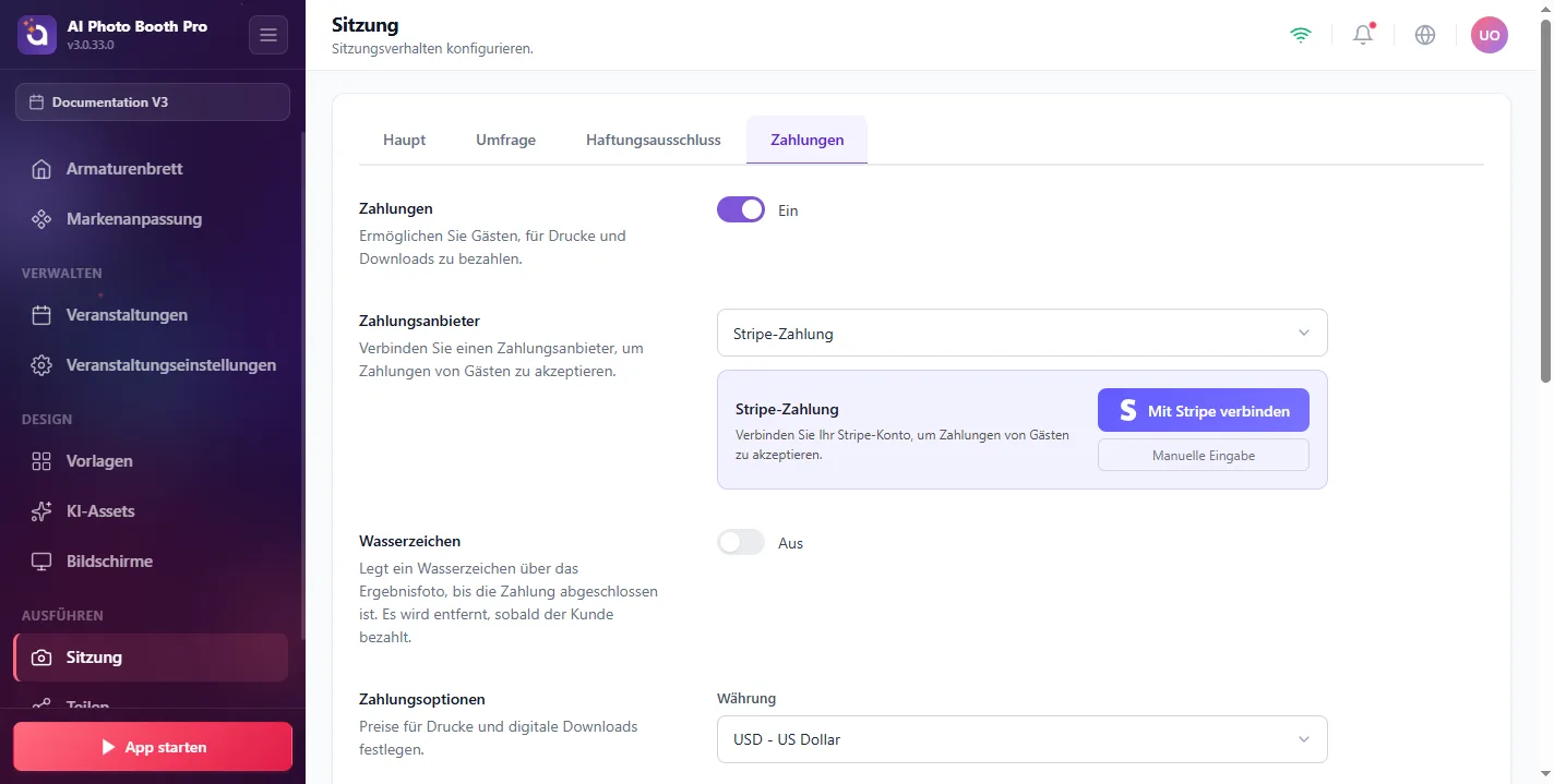 Sitzung, Payments / Stripe