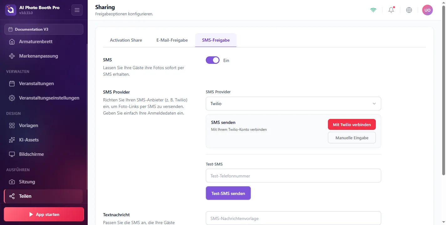 Teilen, SMS / Twilio